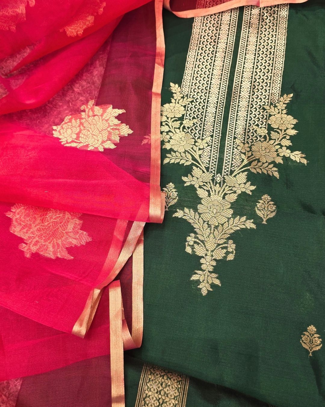 Bottle green neckline silk suit set