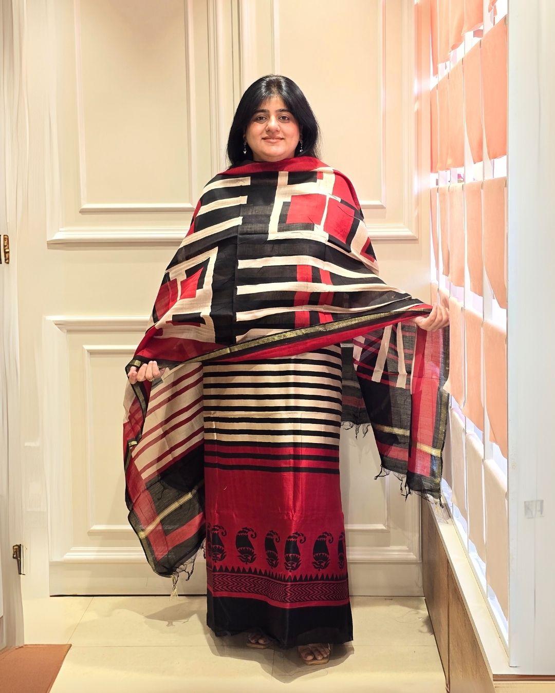 Maroon red stripes Maheshwari