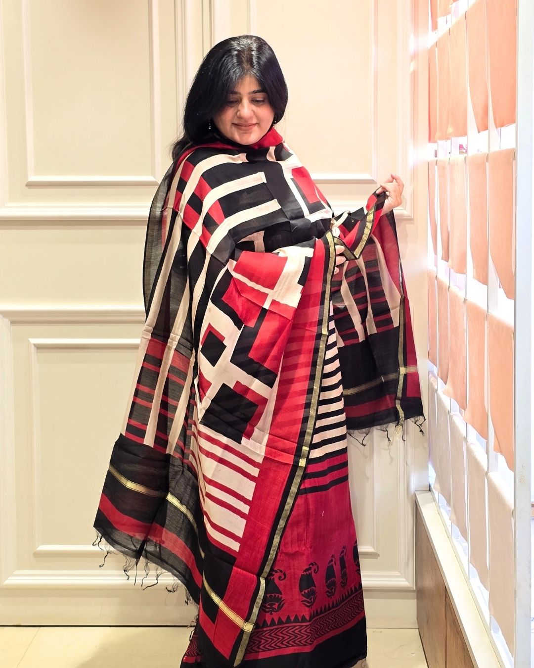Maroon red stripes Maheshwari