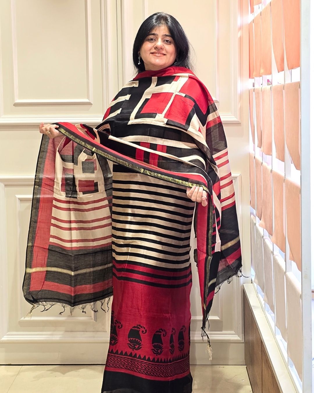 Maroon red stripes Maheshwari