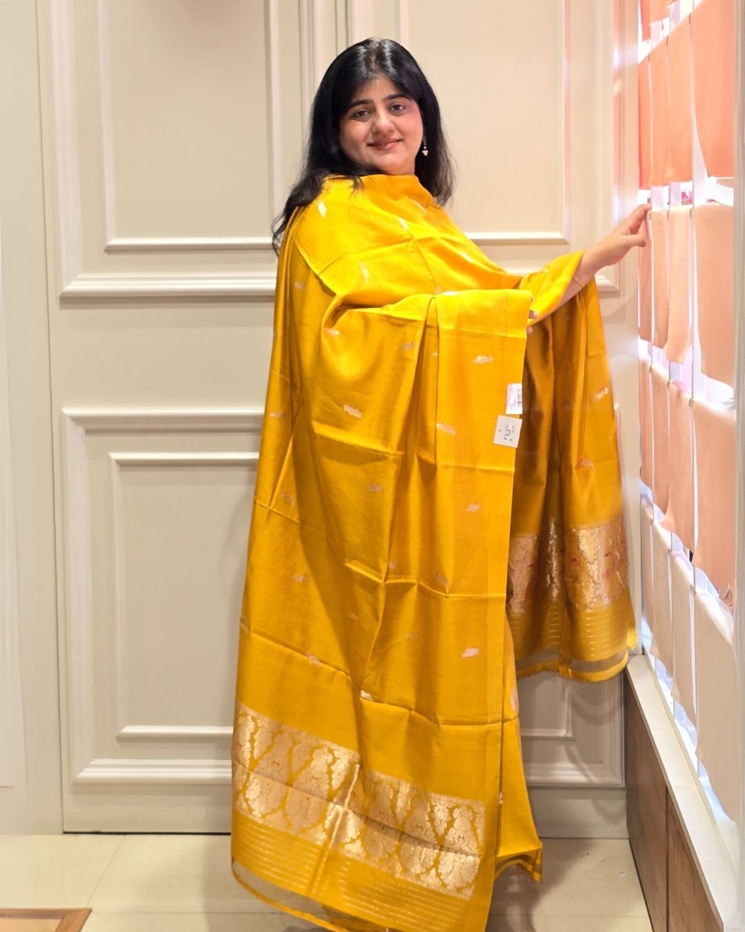Mustard yellow bird and floral silk suit set