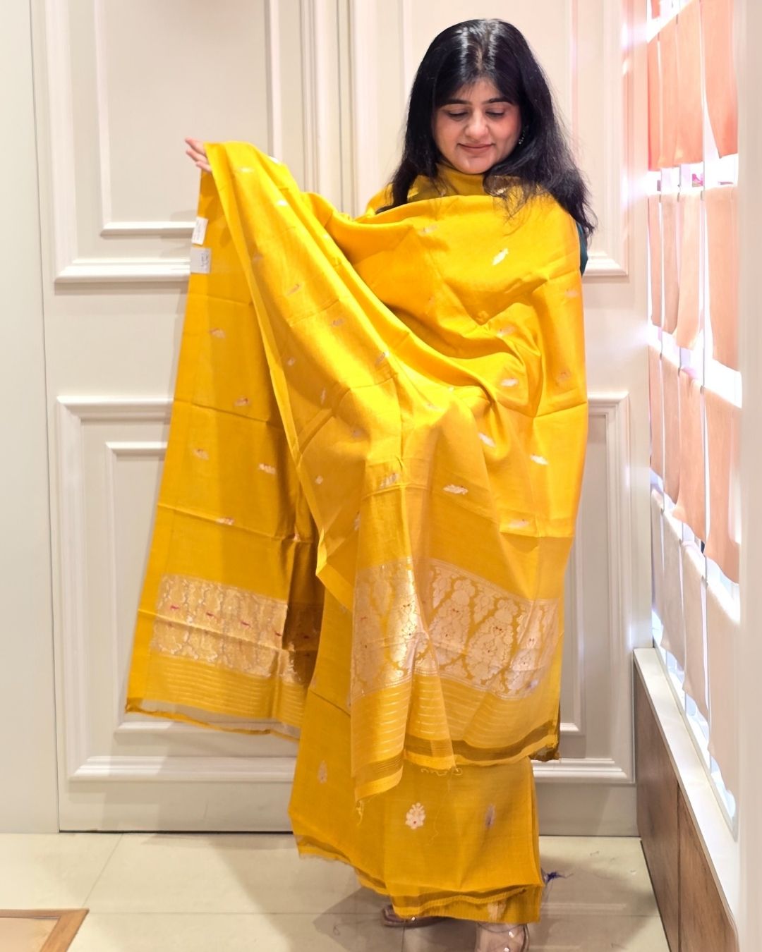 Mustard yellow bird and floral silk suit set
