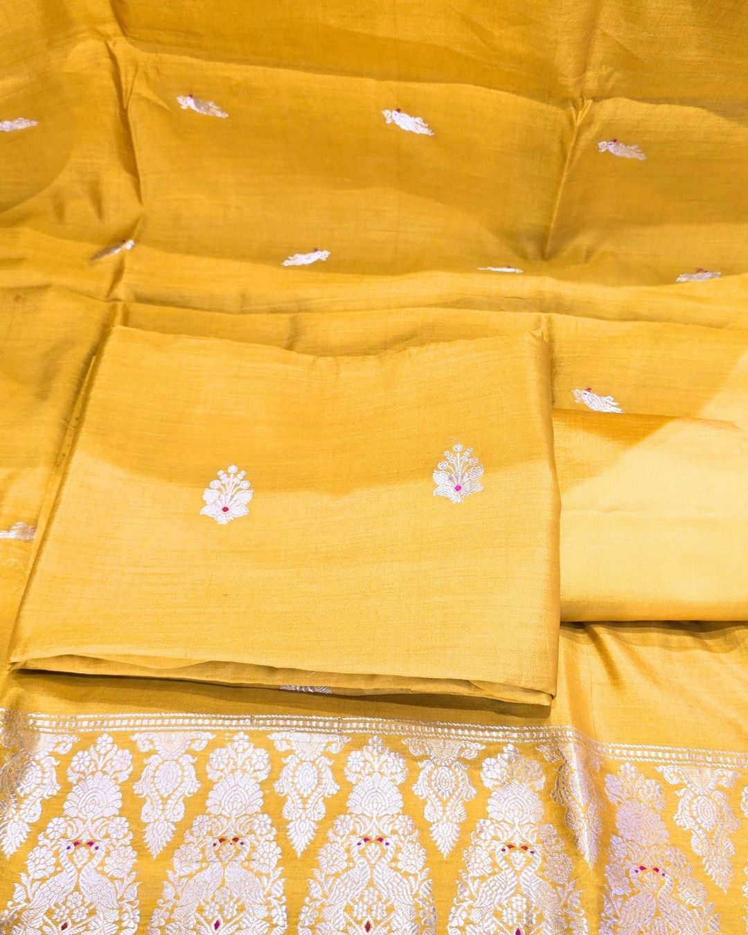Mustard yellow bird and floral silk suit set