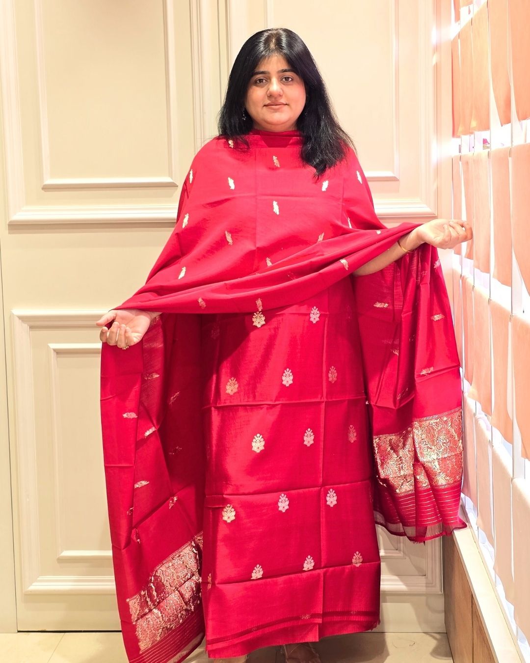 Rose red bird and floral buti silk suit set