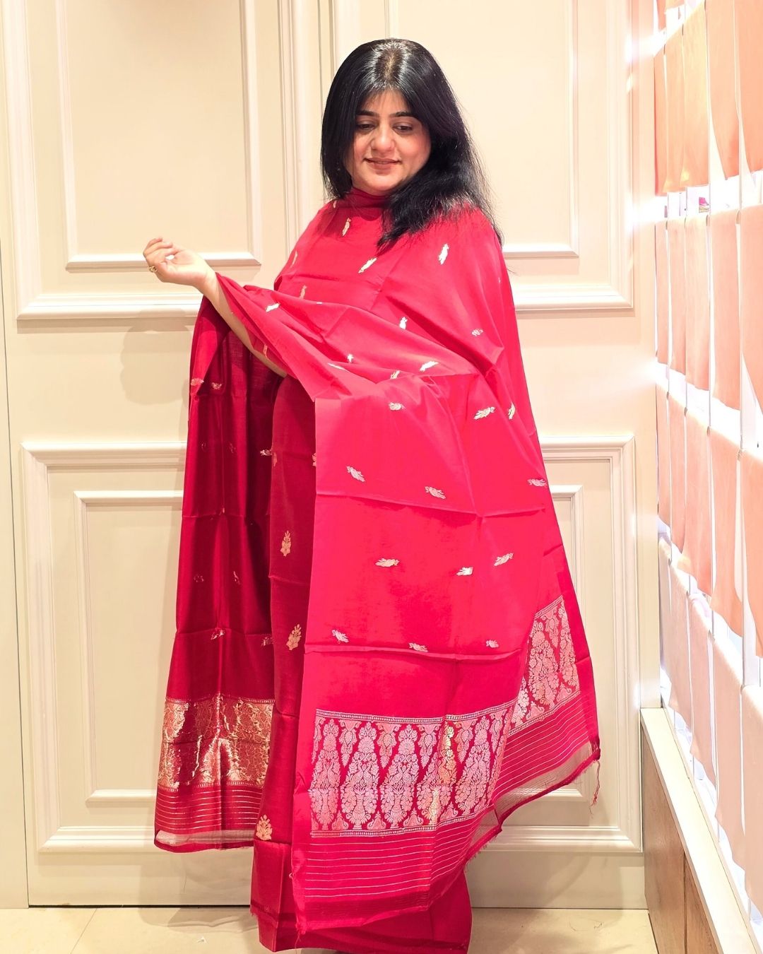 Rose red bird and floral buti silk suit set