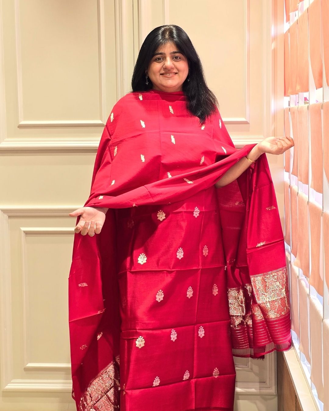 Rose red bird and floral buti silk suit set
