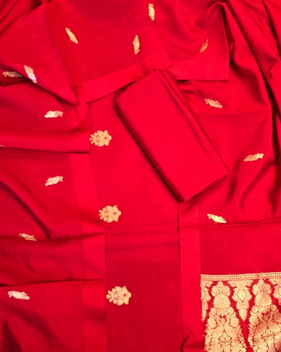 Rose red bird and floral buti silk suit set