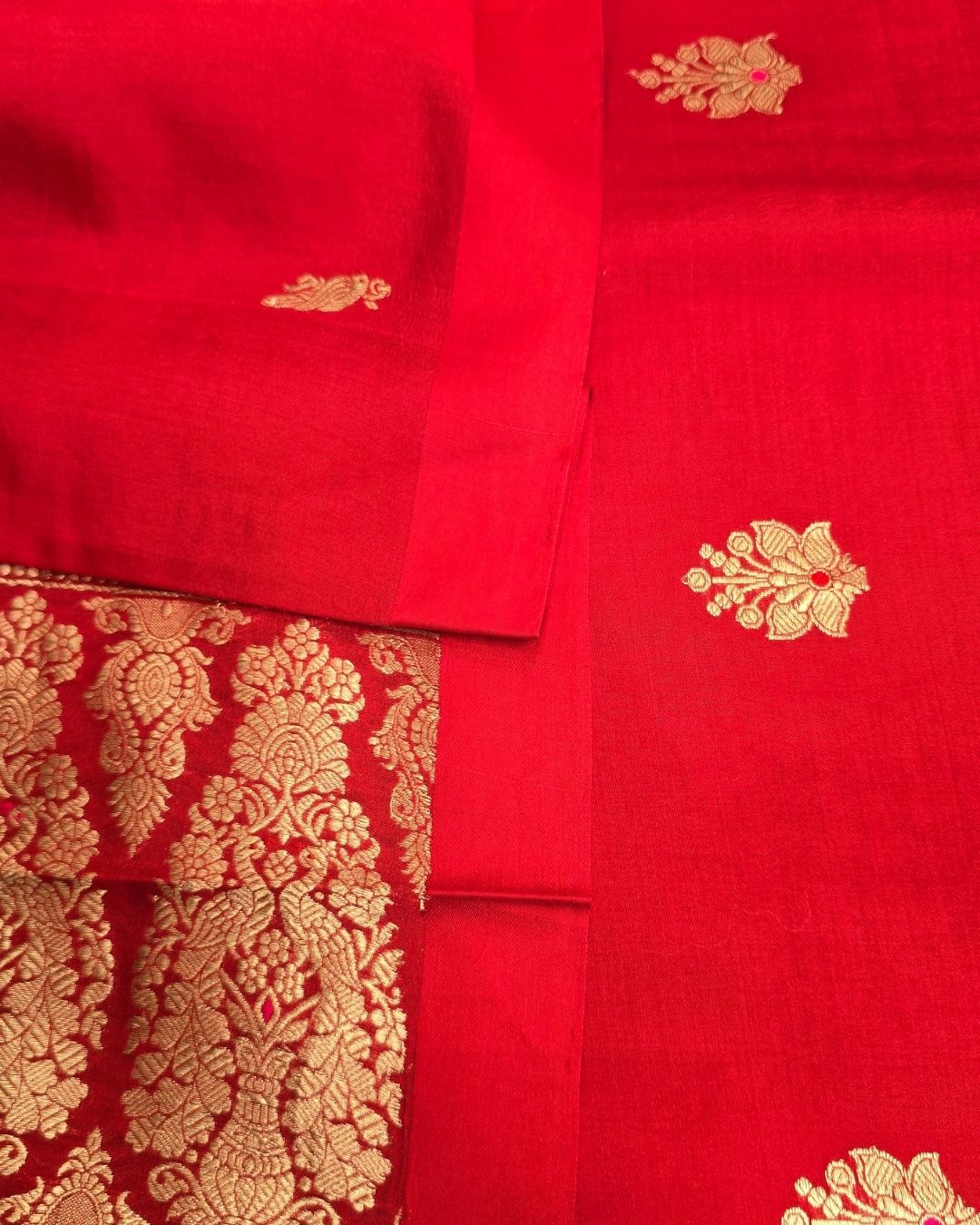 Rose red bird and floral buti silk suit set