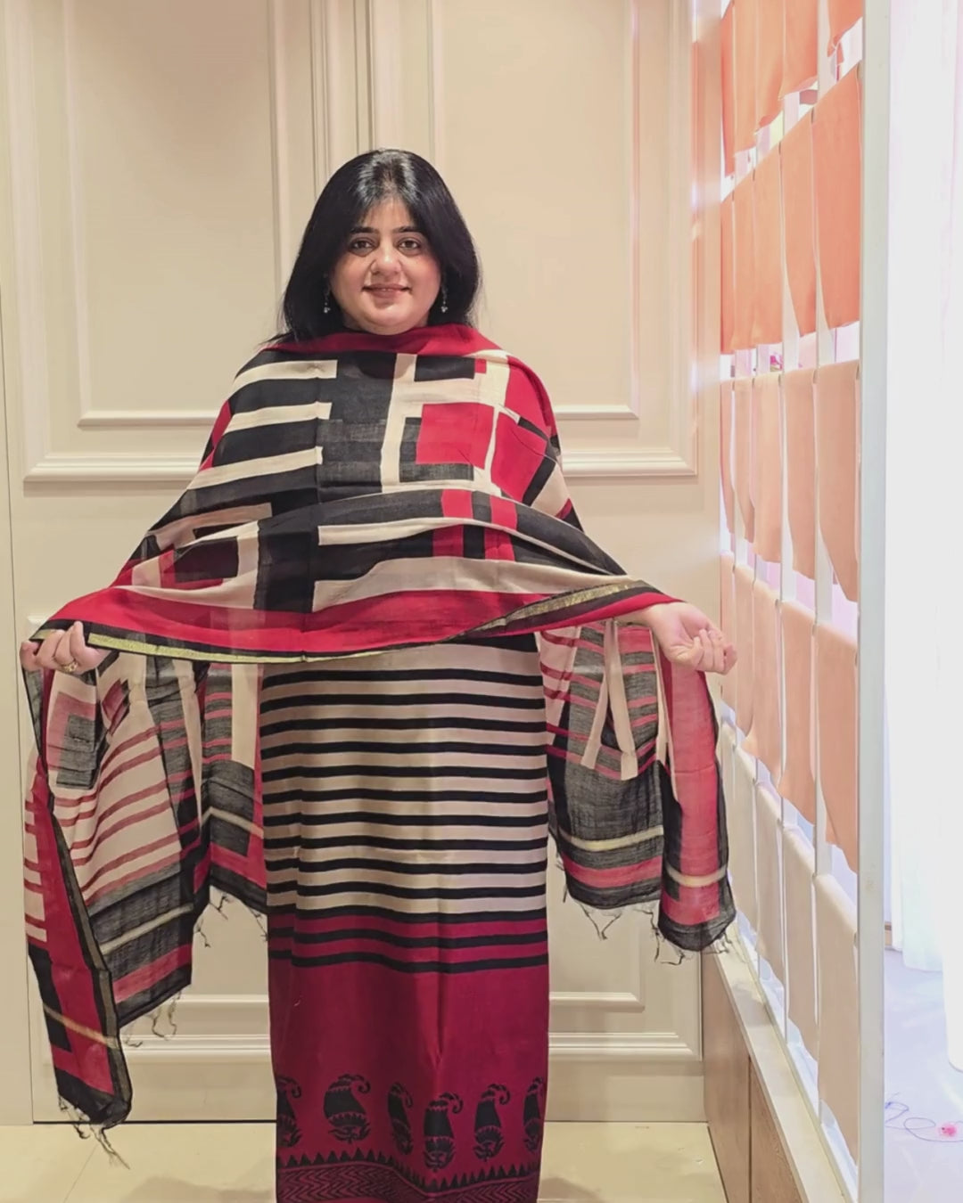 Maroon red stripes Maheshwari