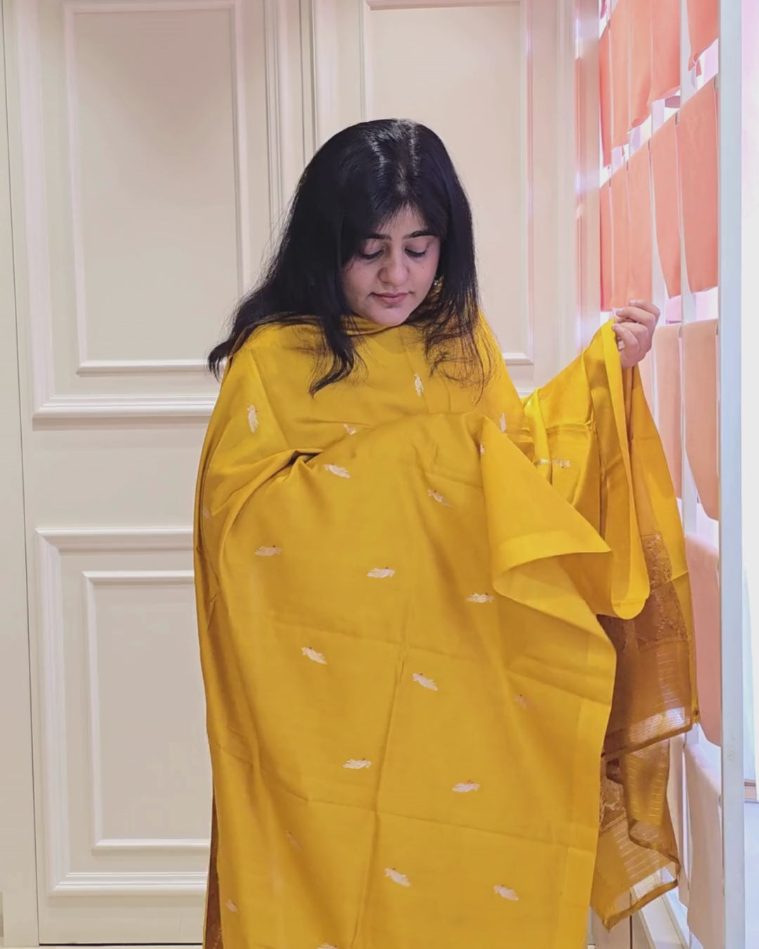 Mustard yellow bird and floral silk suit set