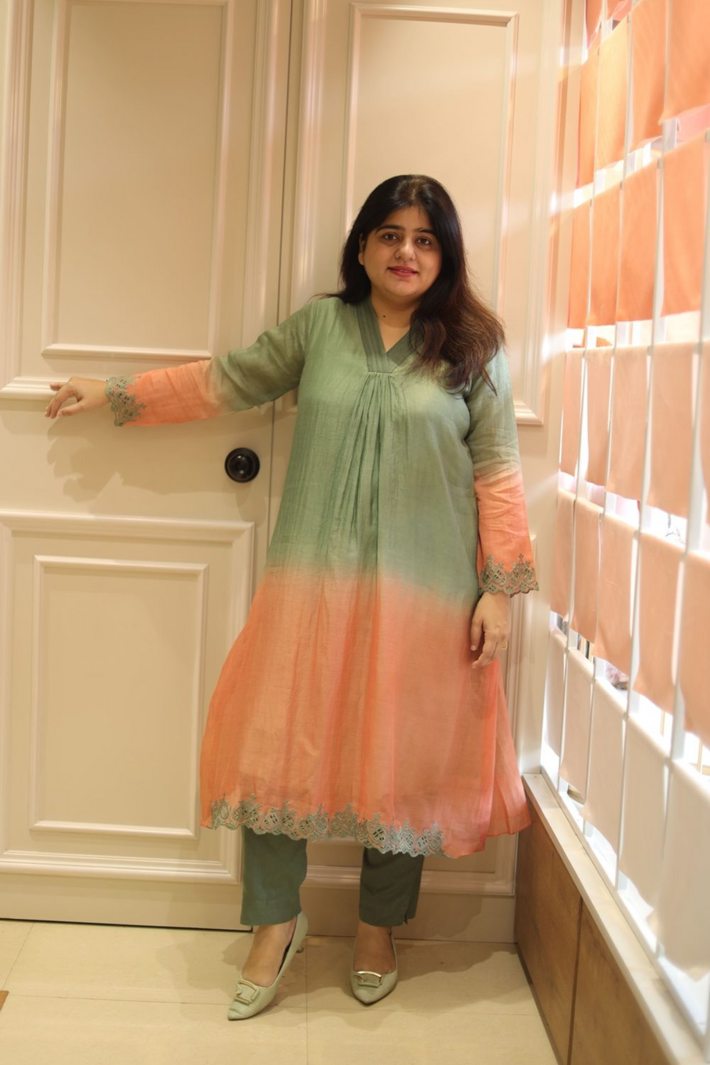 Orange olive mul kurta set