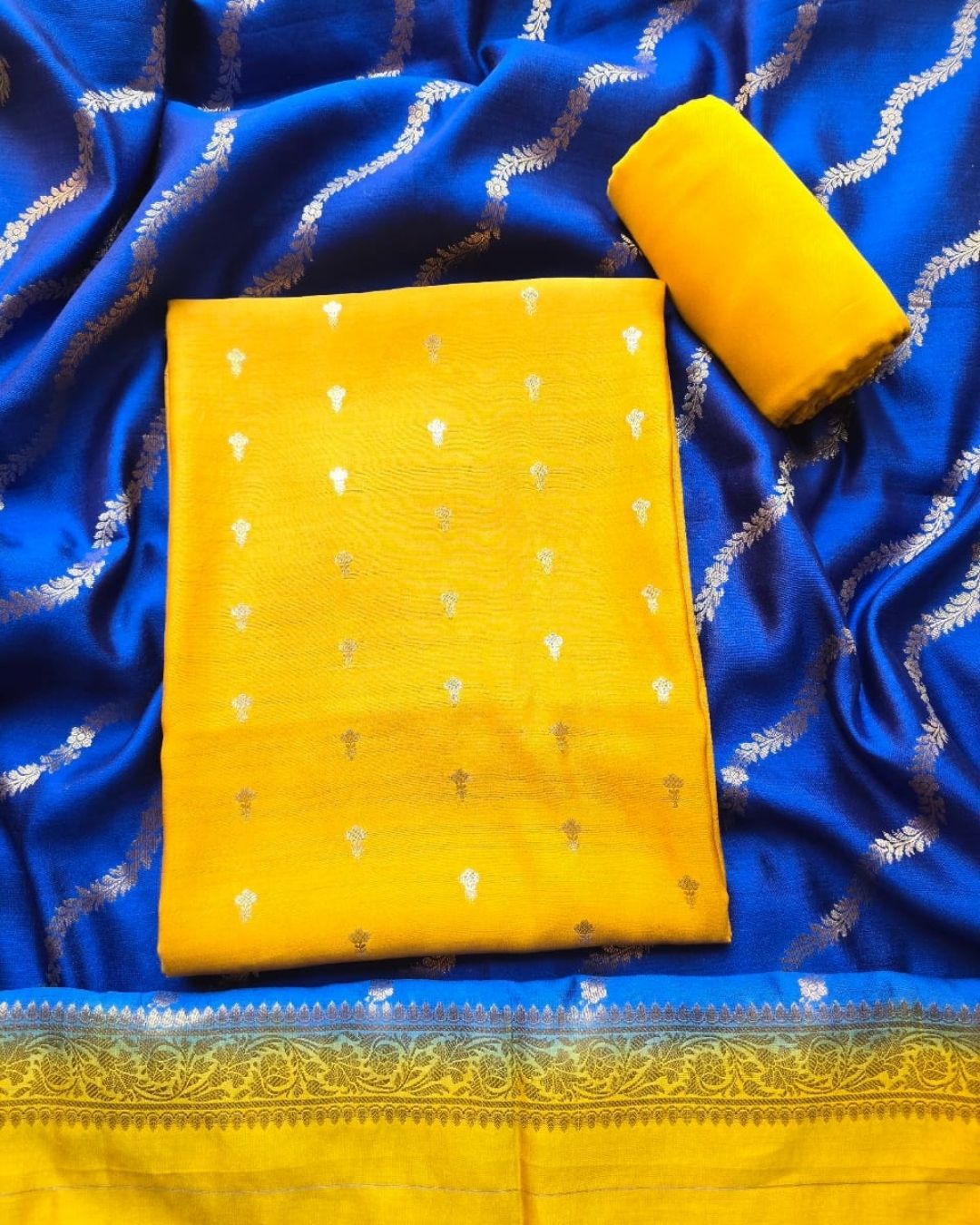 Yellow and blue pure chiniya silk 3 pcs set