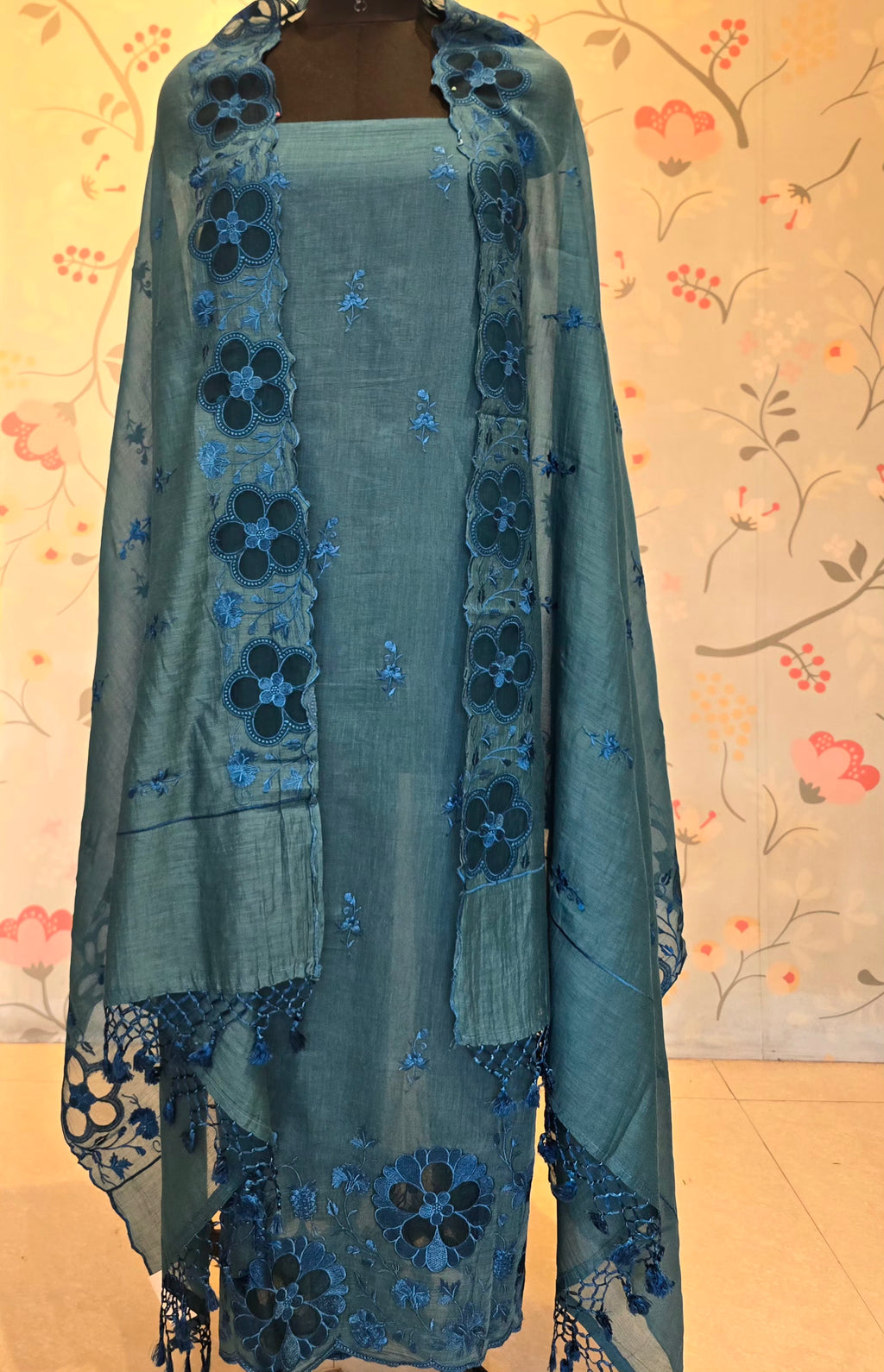 Teal blue mul chanderi suit