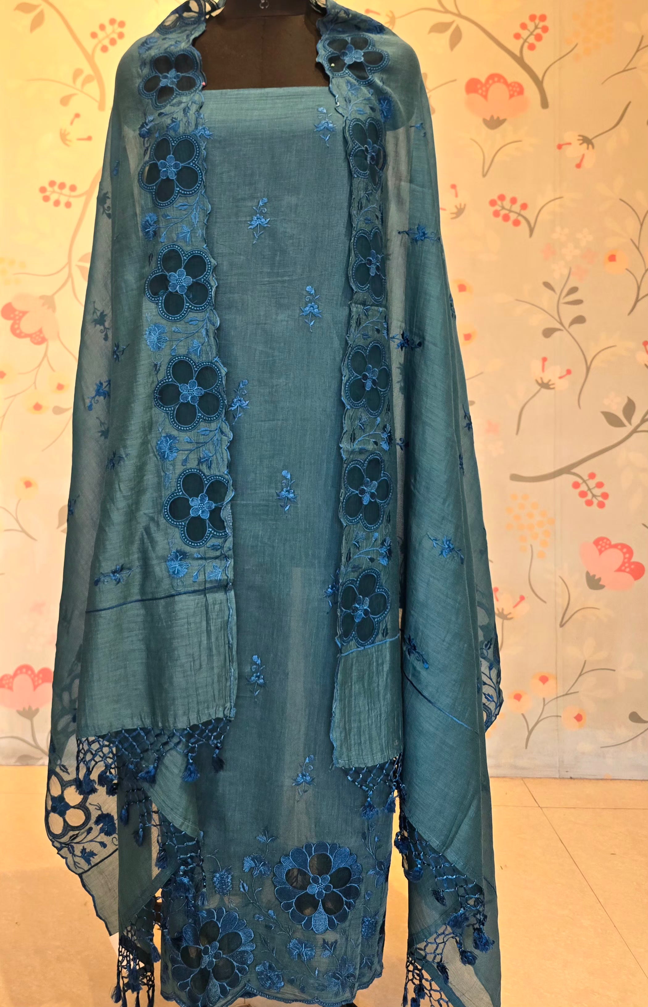 Teal blue mul chanderi suit