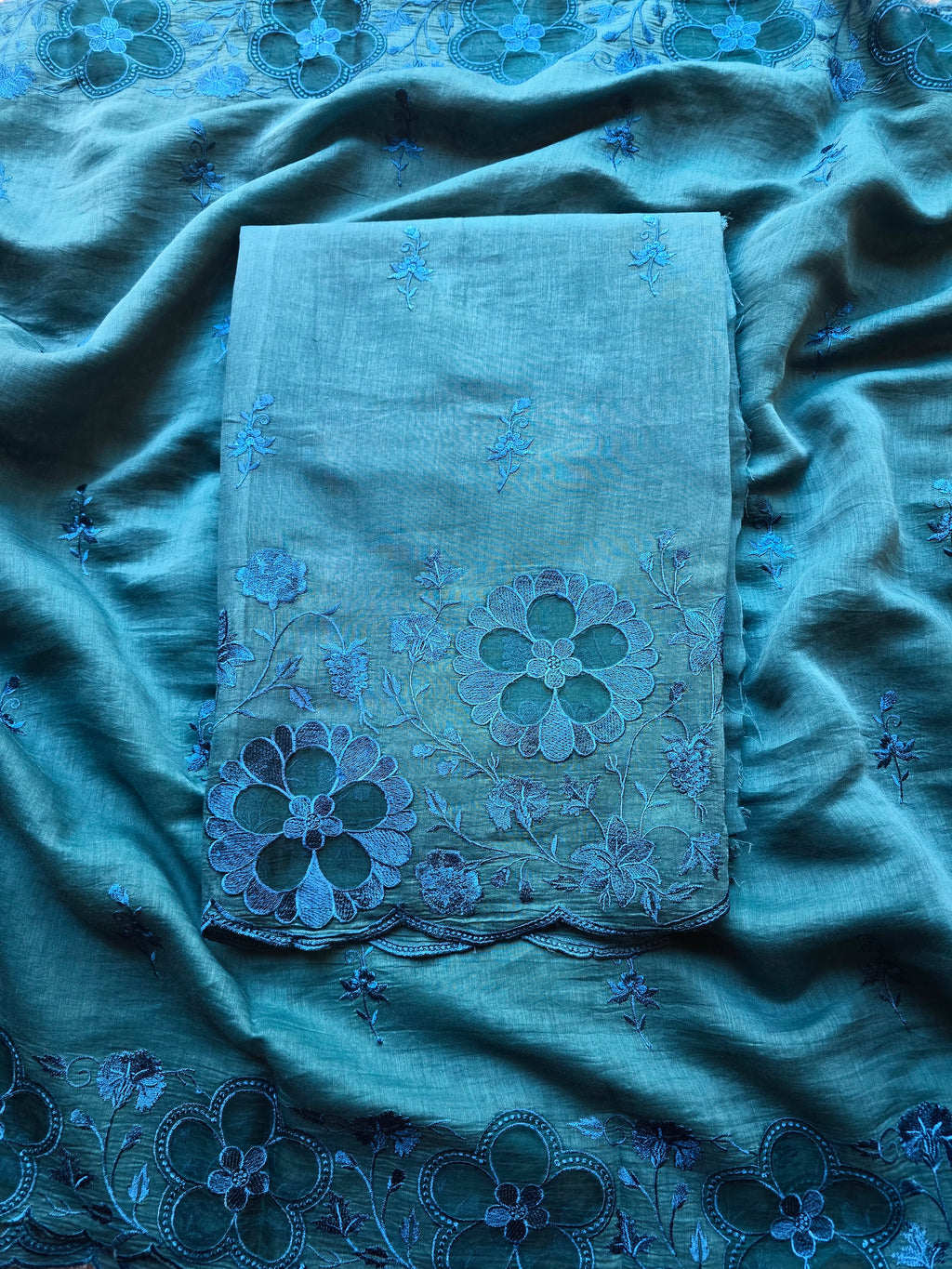 Teal blue mul chanderi suit