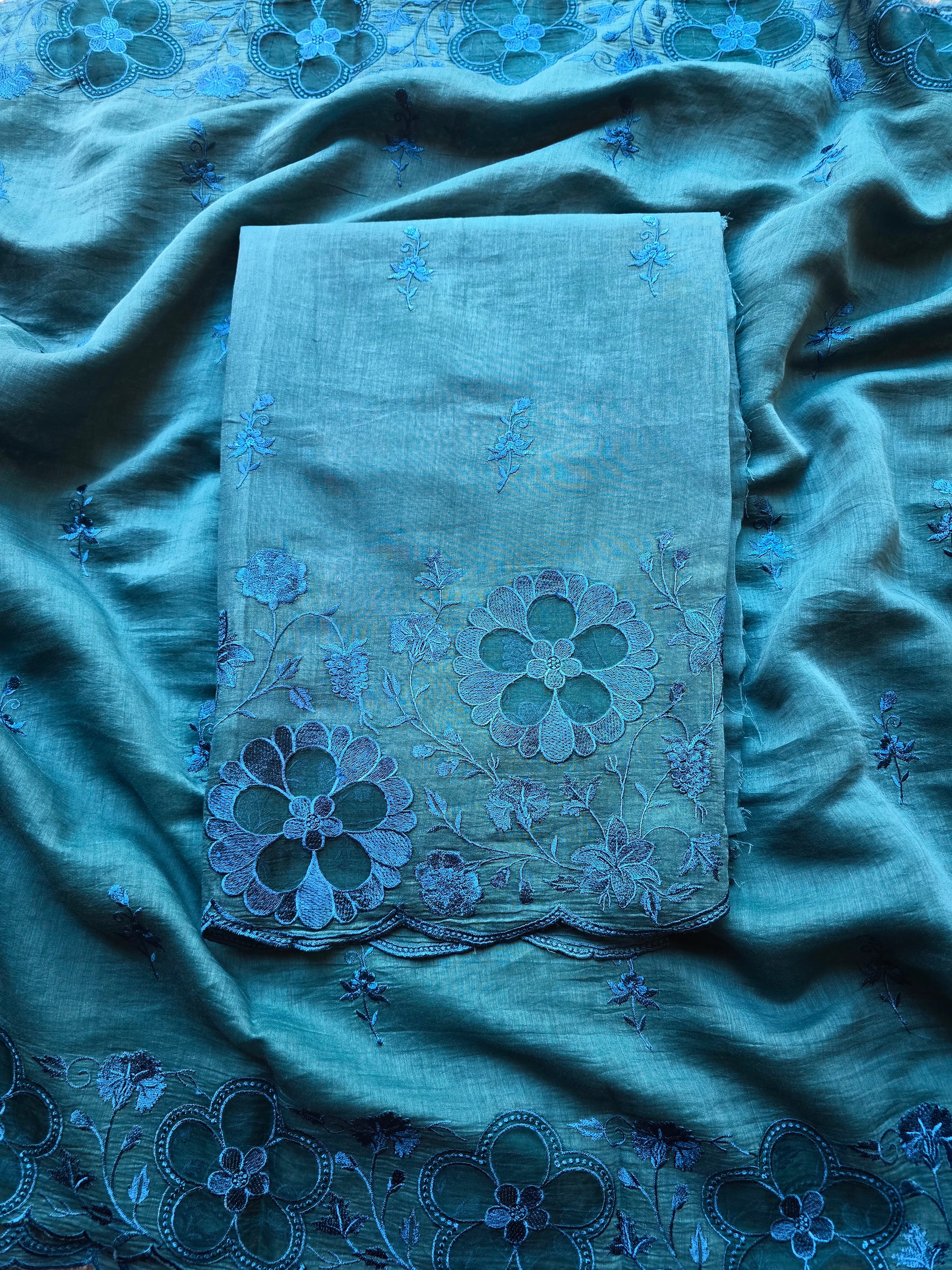 Teal blue mul chanderi suit