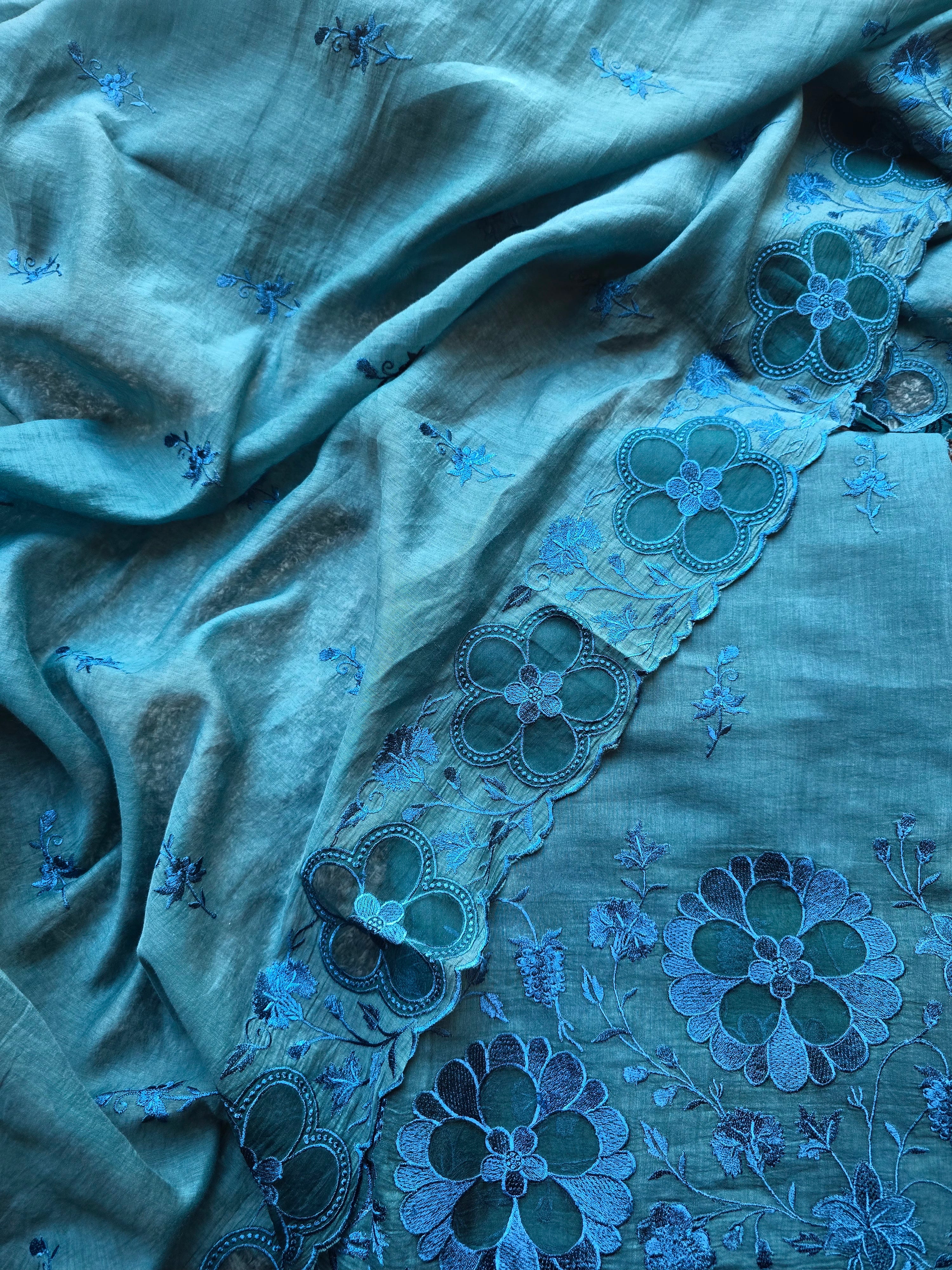 Teal blue mul chanderi suit