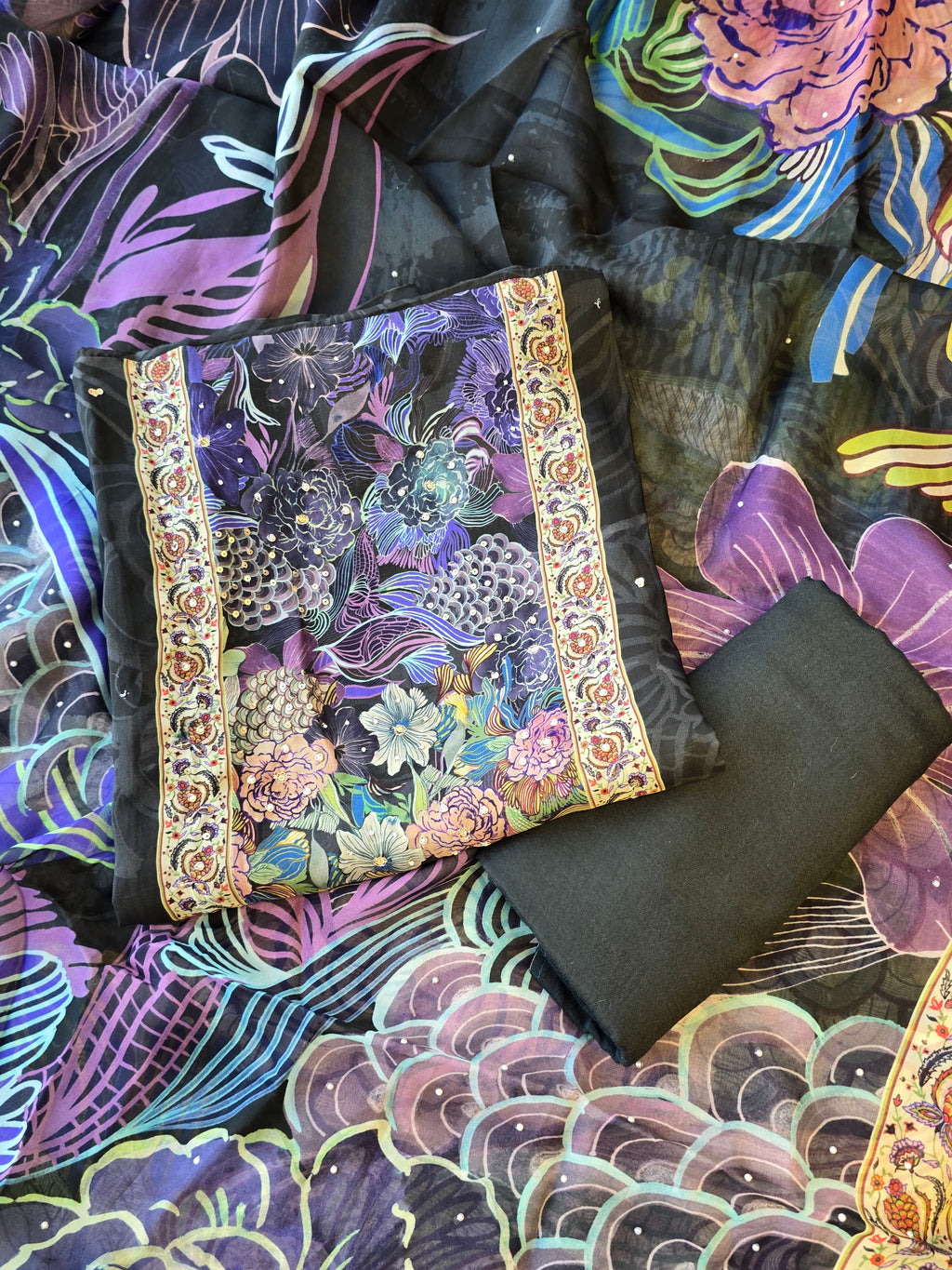 Black and purple floral organza digital print suit set