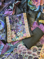 Black and purple floral organza digital print suit set