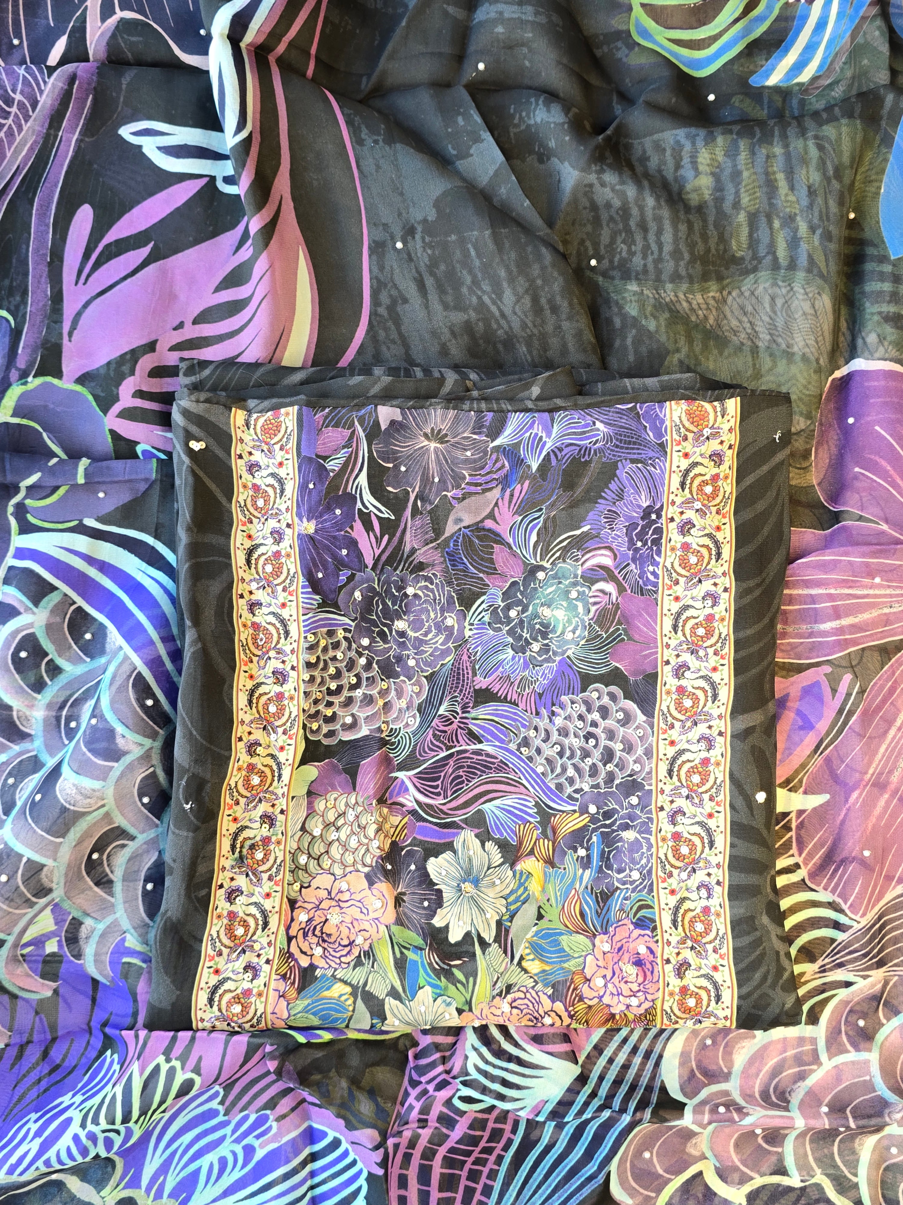 Black and purple floral organza digital print suit set