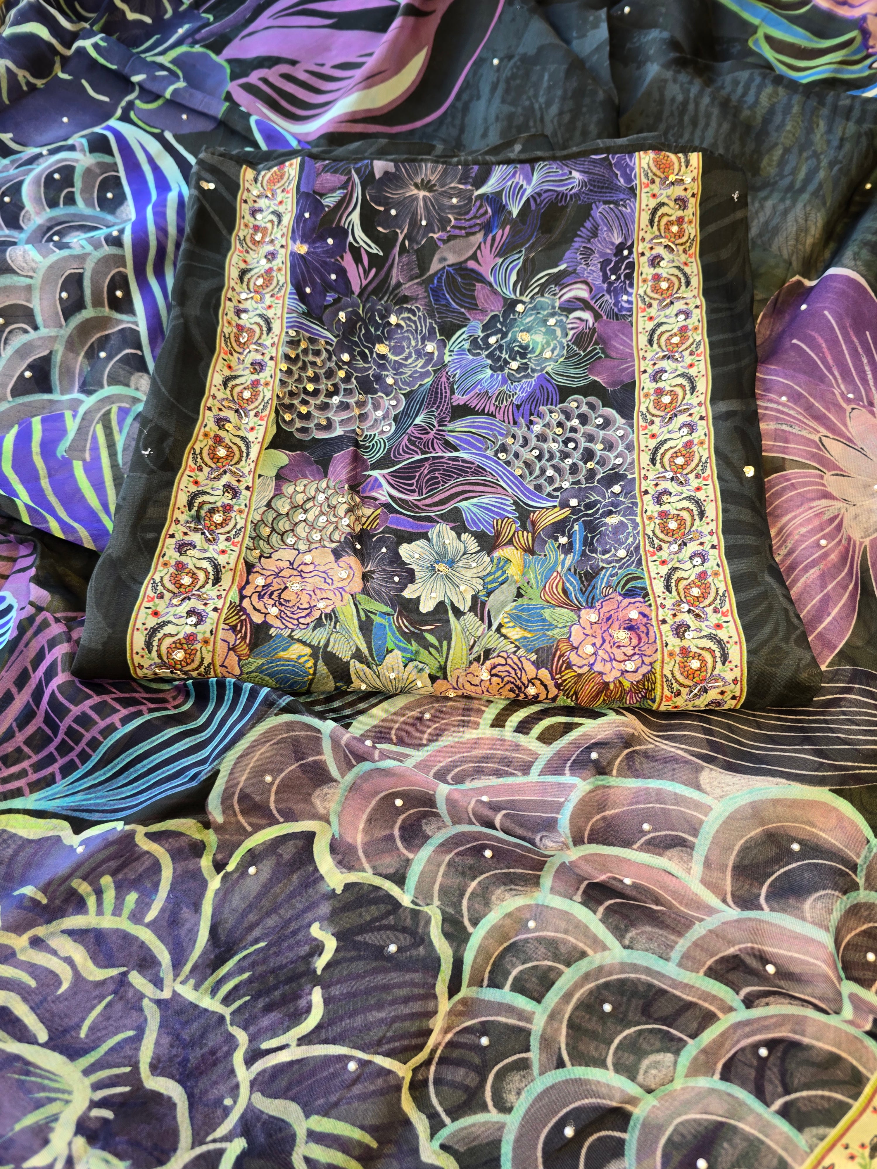 Black and purple floral organza digital print suit set