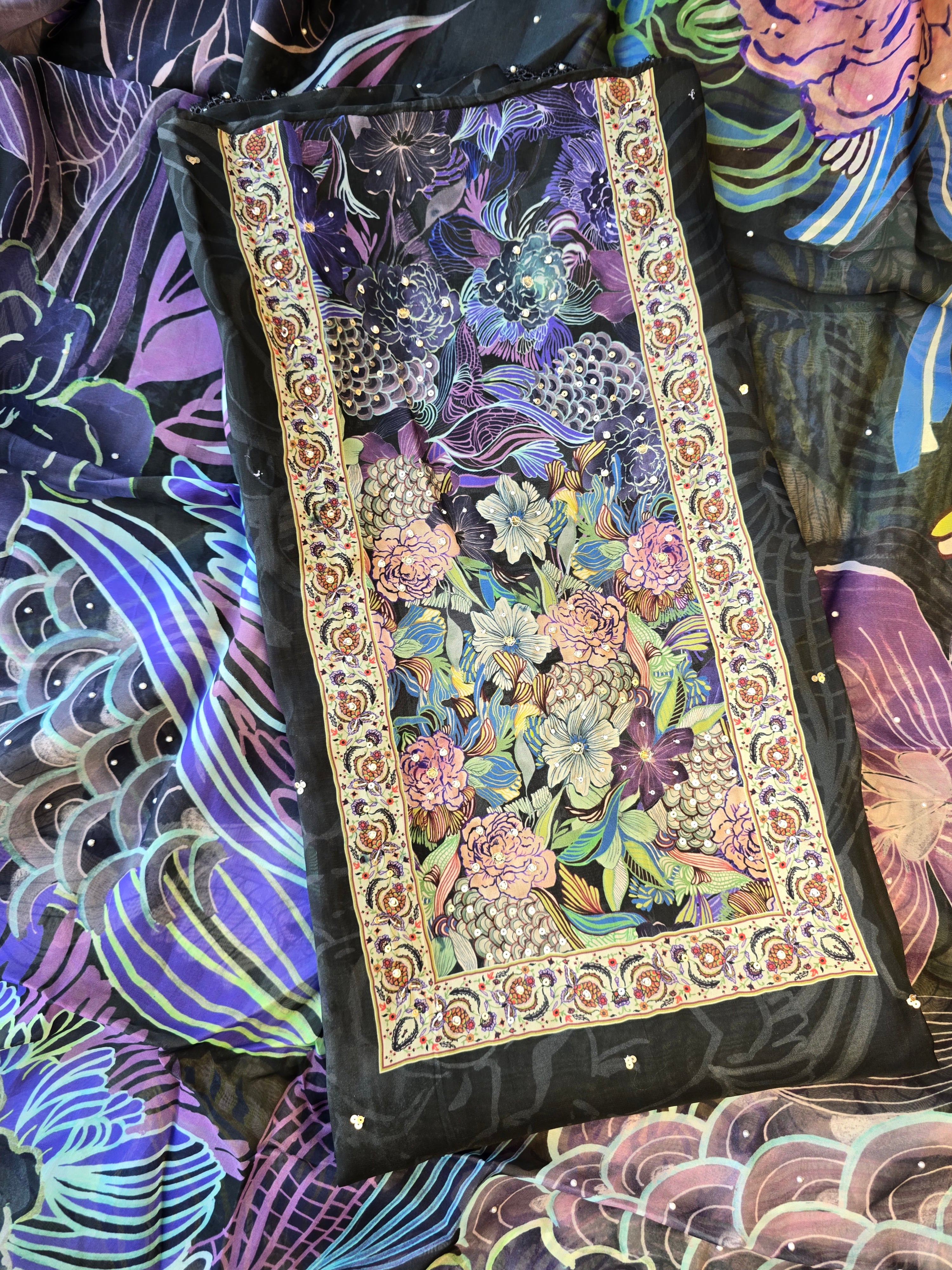 Black and purple floral organza digital print suit set