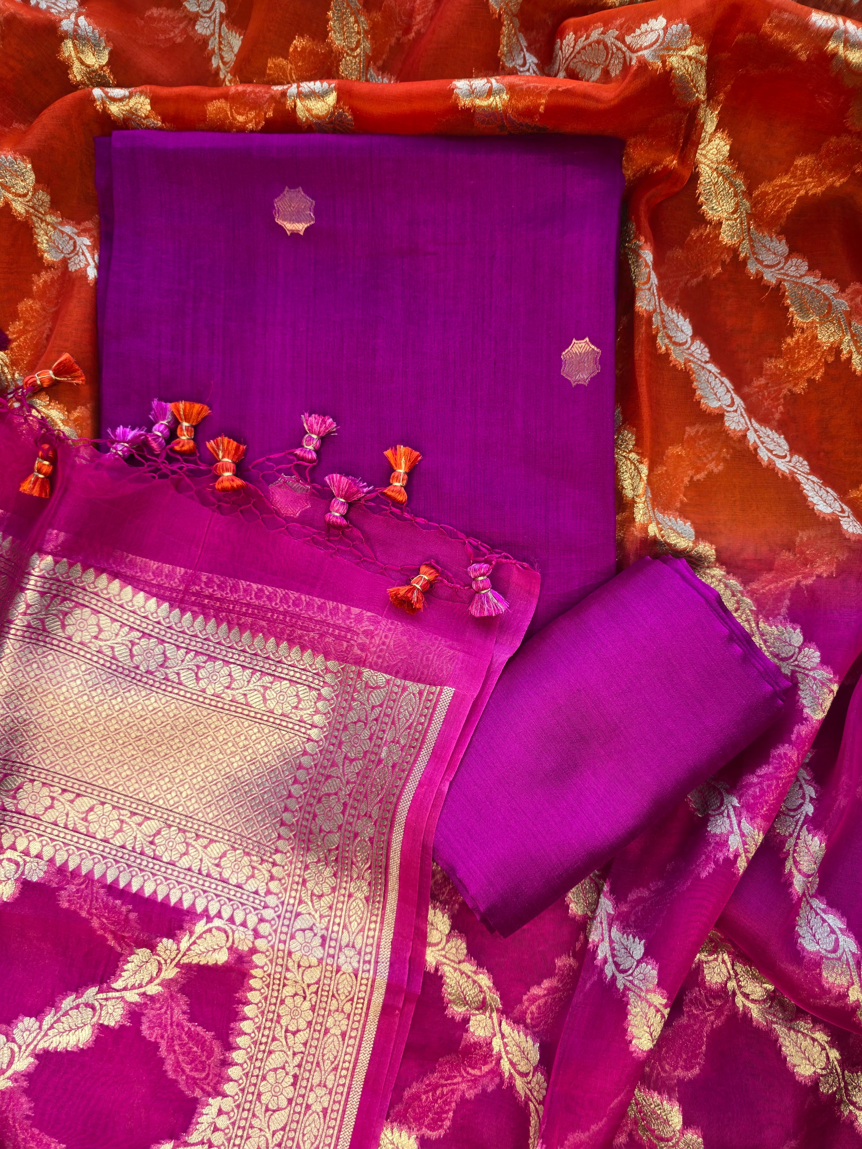 Purple chiniya 3 pcs set with organza dupatta