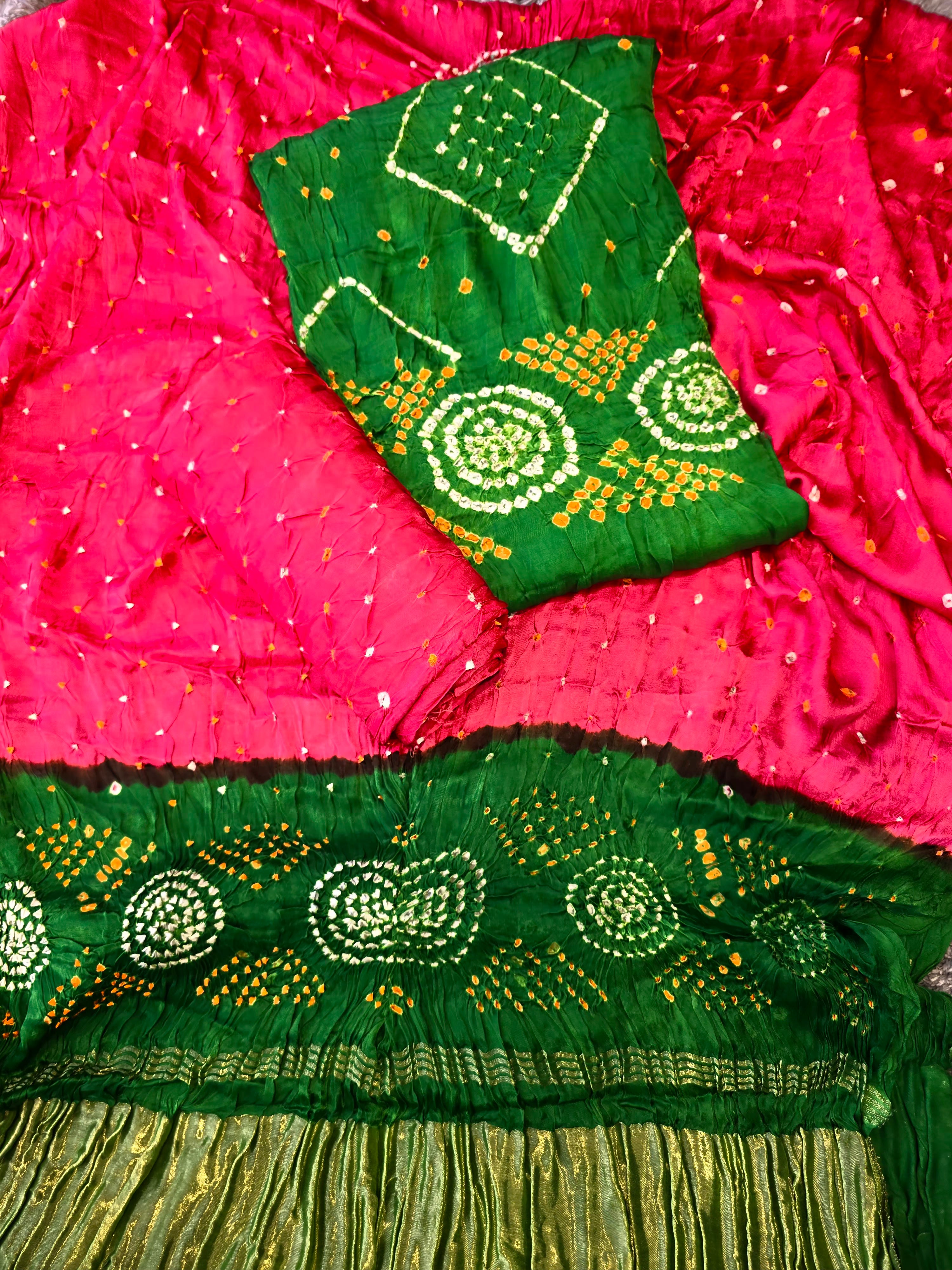 Green and pink bandhani suit set