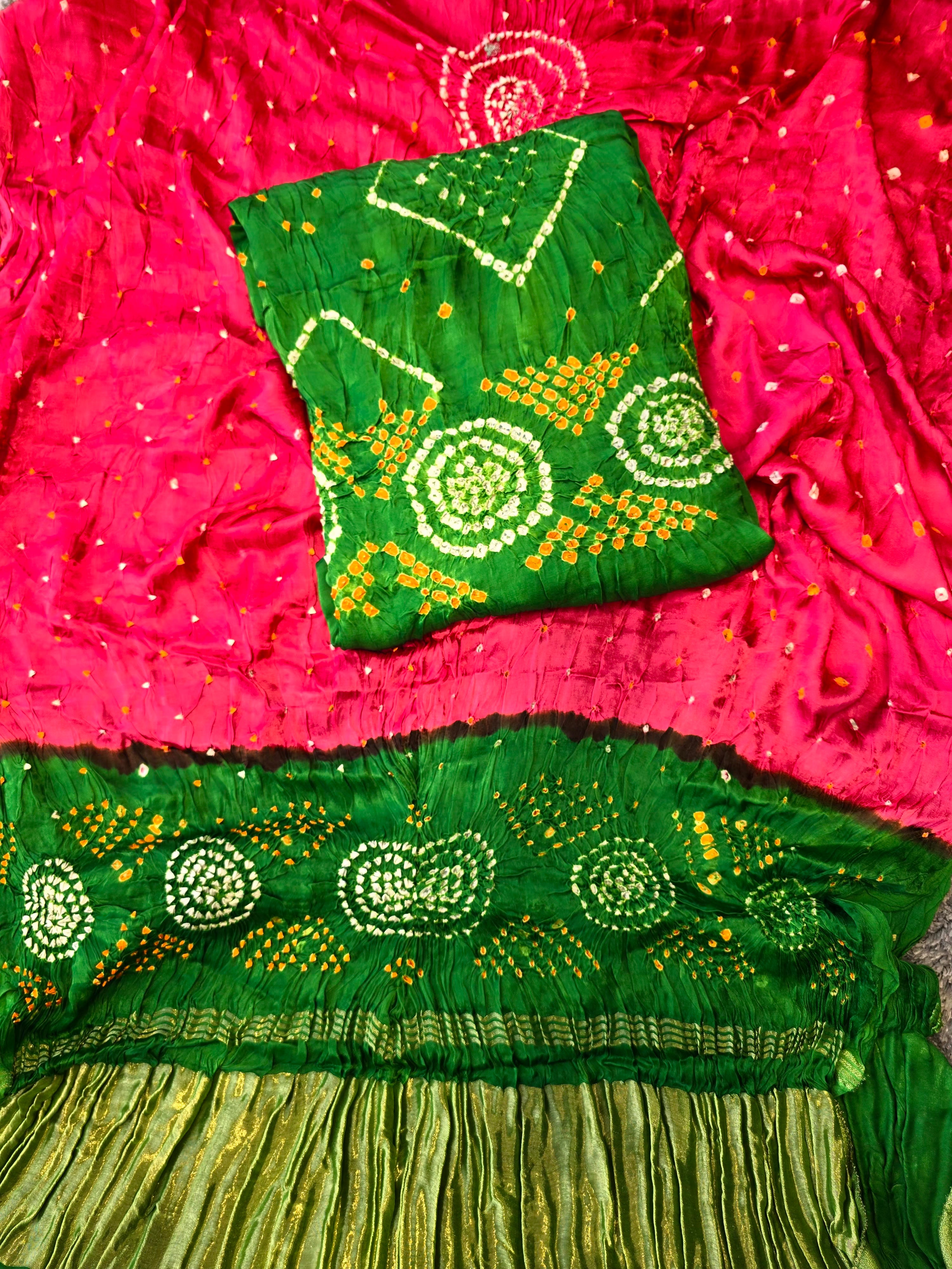Green and pink bandhani suit set