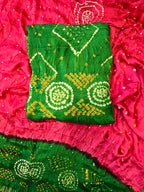 Green and pink bandhani suit set