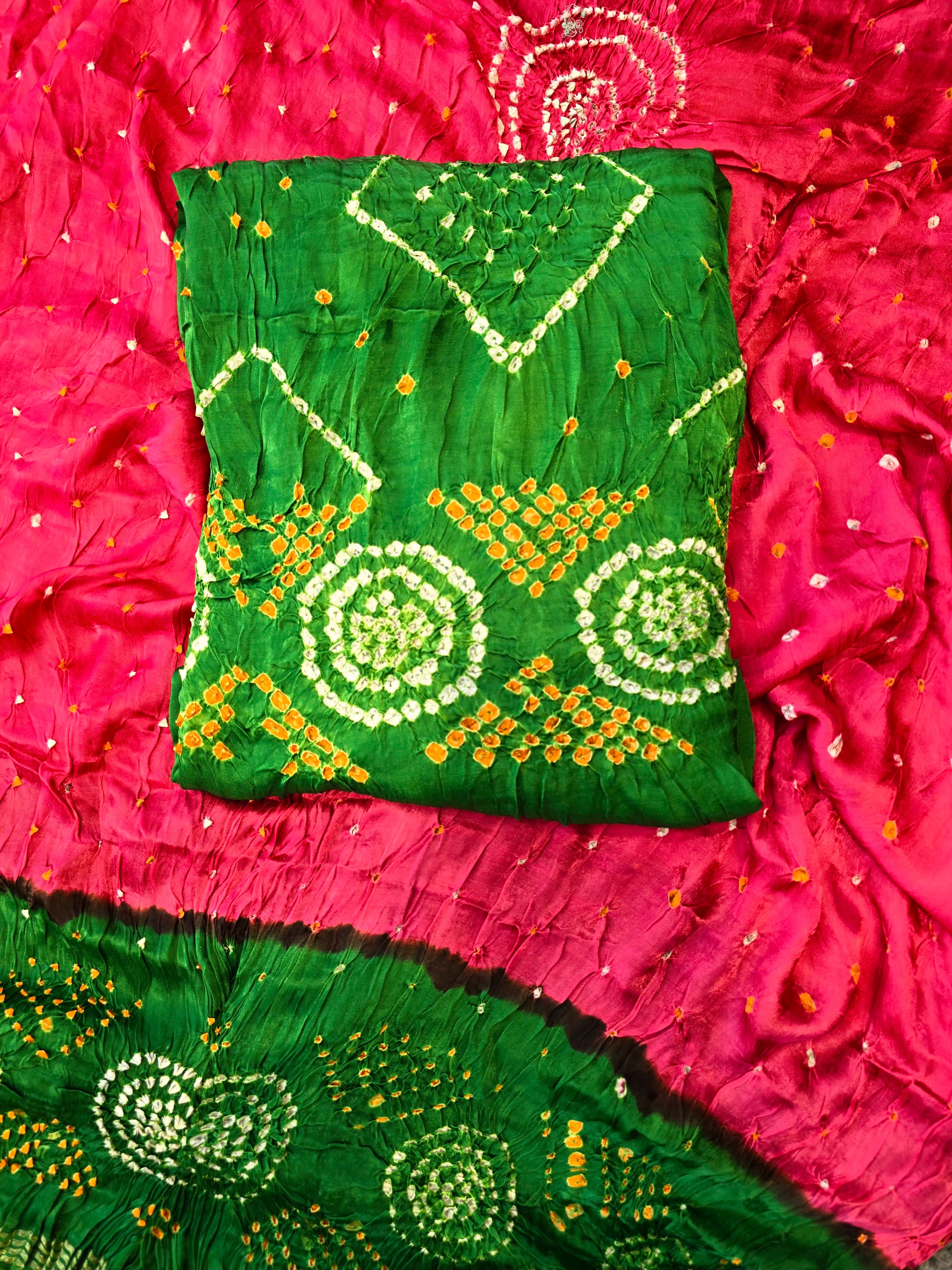 Green and pink bandhani suit set
