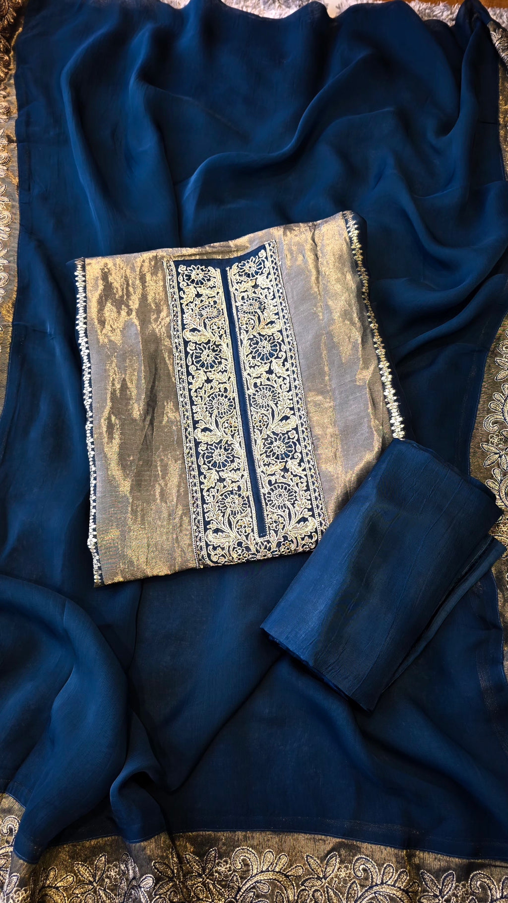 Teal blue viscose organza tissue panel suit set