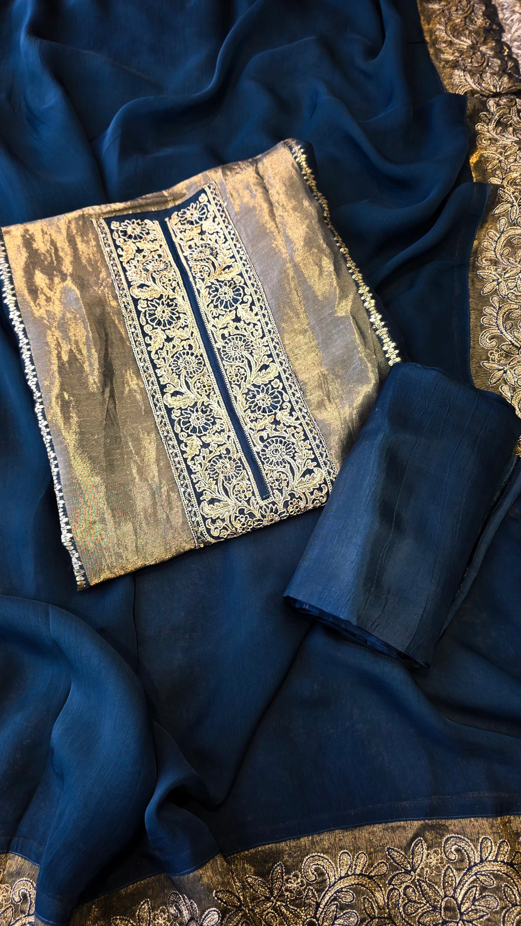 Teal blue viscose organza tissue panel suit set