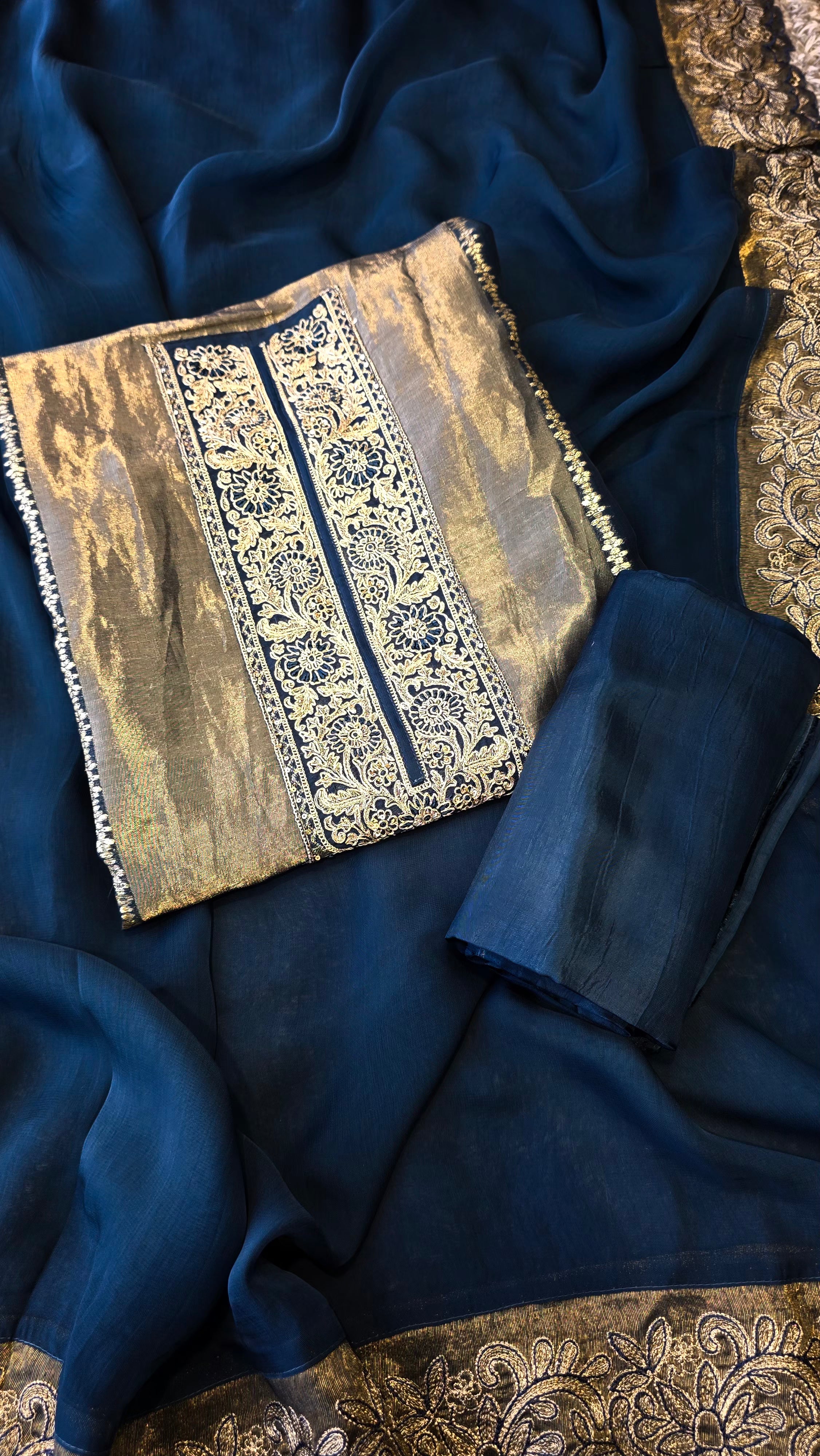 Teal blue viscose organza tissue panel suit set