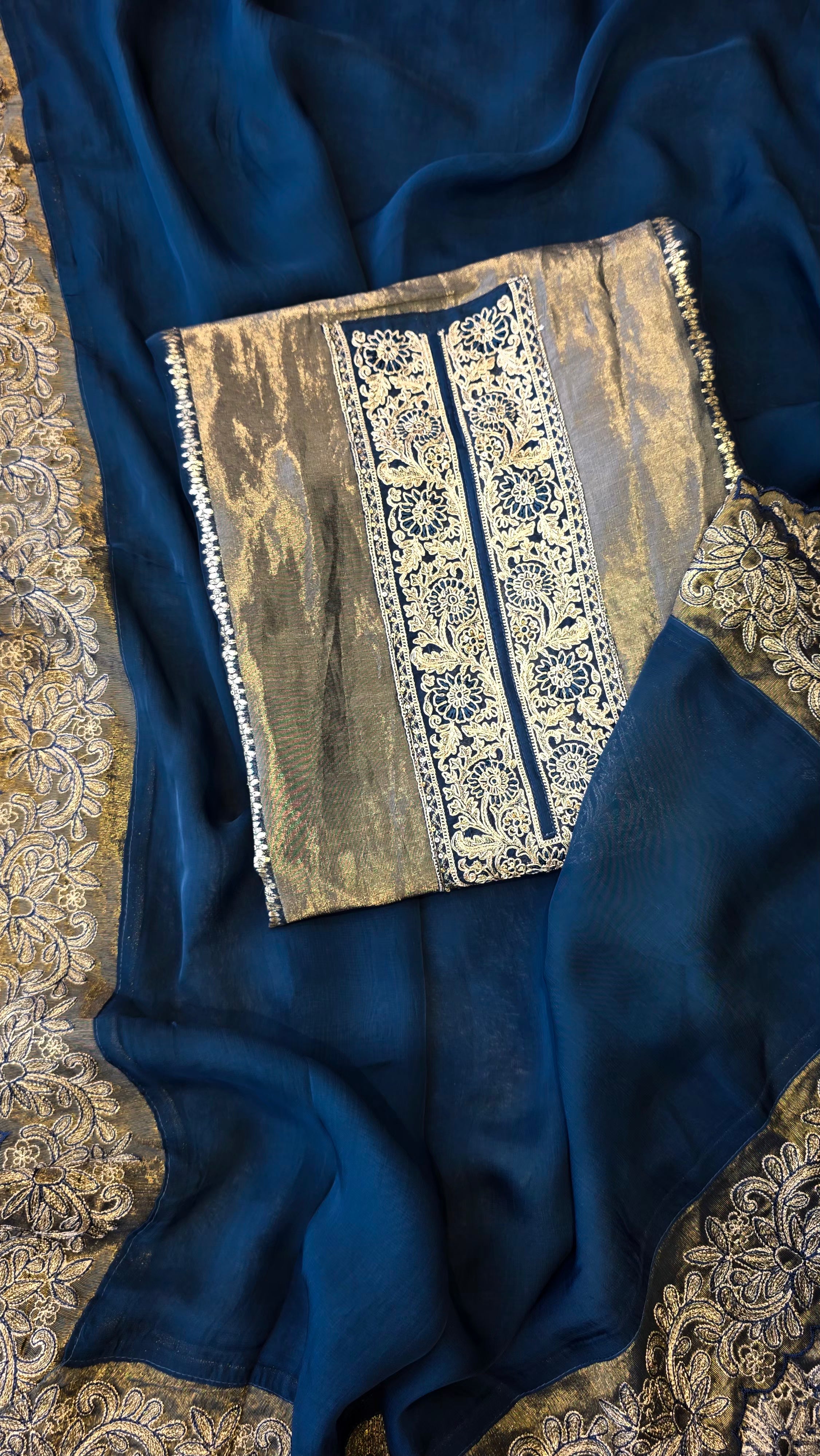 Teal blue viscose organza tissue panel suit set