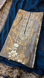 Teal blue viscose organza tissue panel suit set