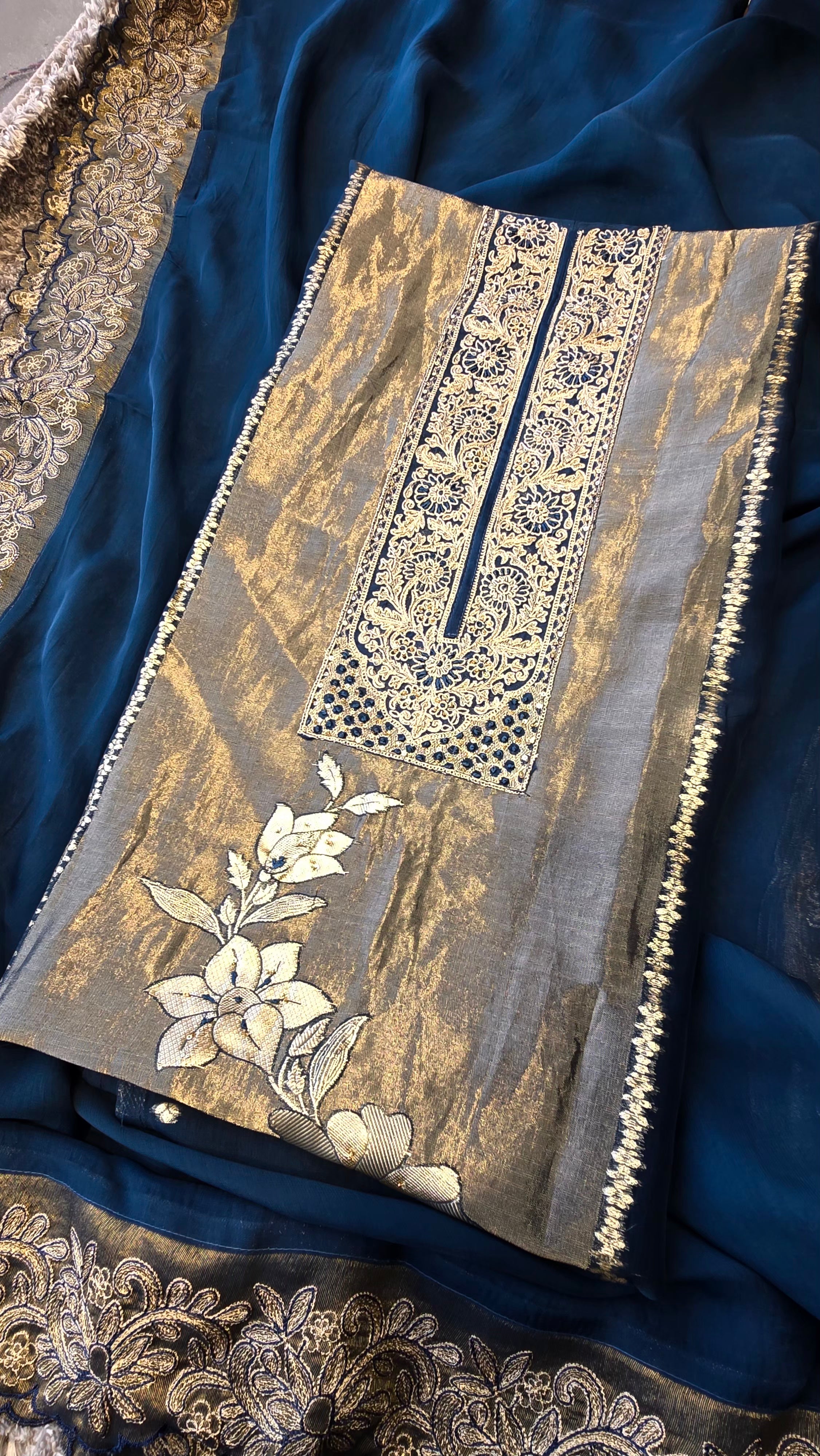 Teal blue viscose organza tissue panel suit set