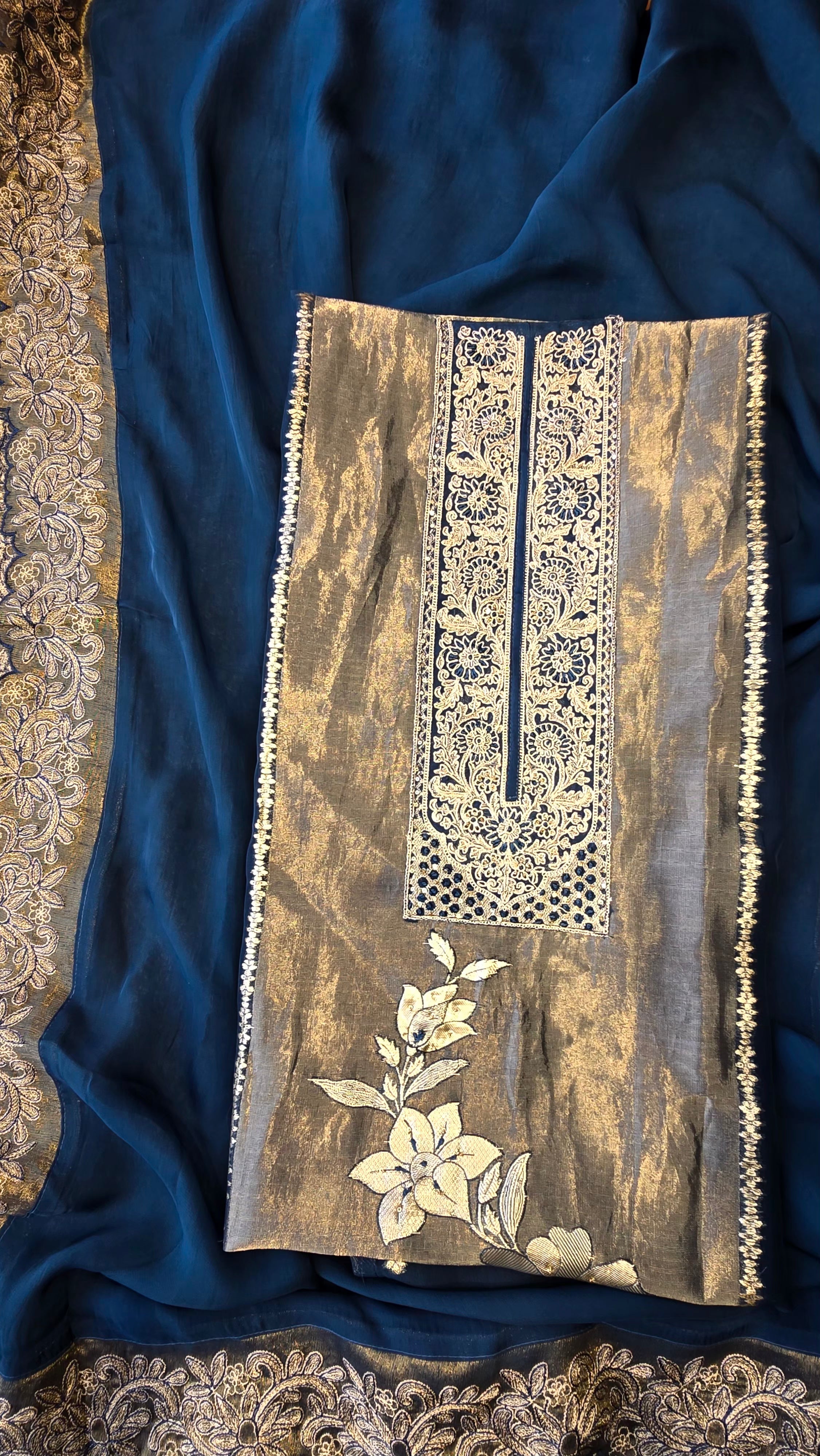 Teal blue viscose organza tissue panel suit set