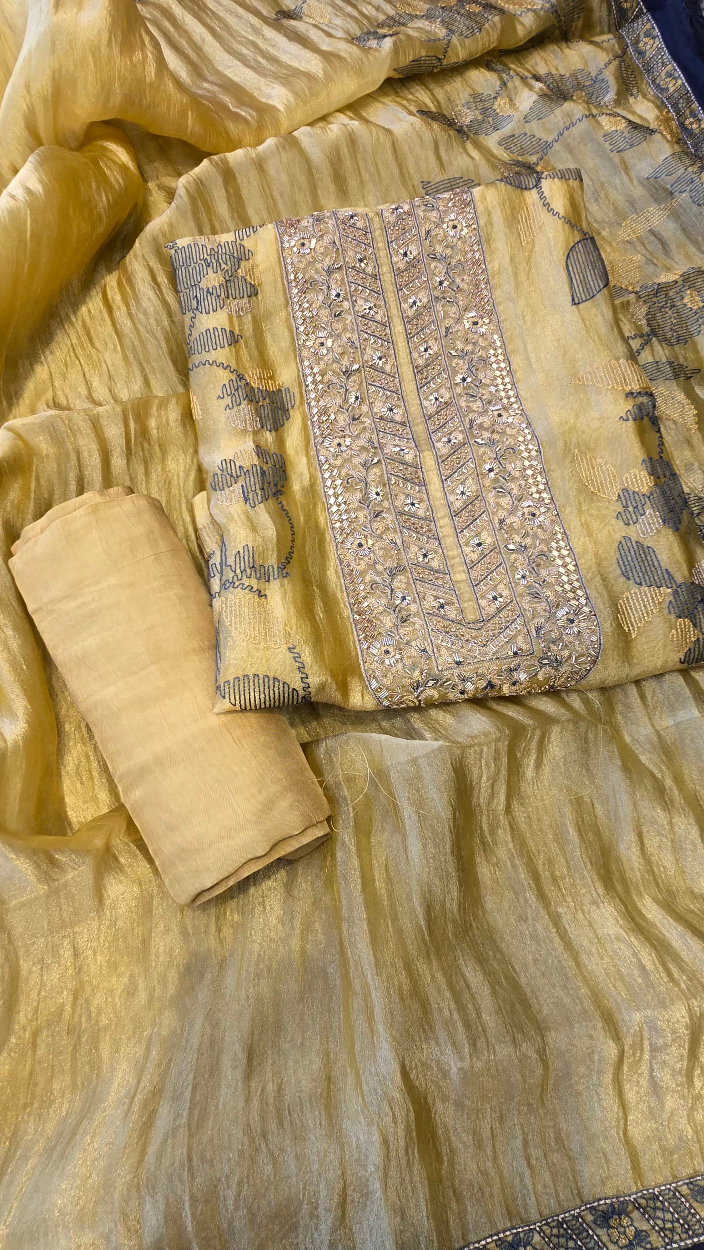 Lemmon yellow crushed tissue threadwork suit set