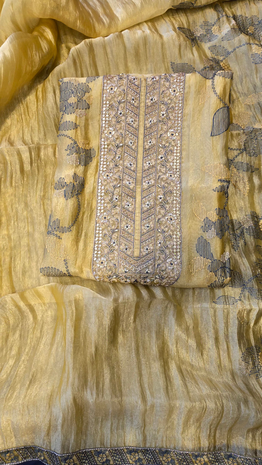 Lemmon yellow crushed tissue threadwork suit set