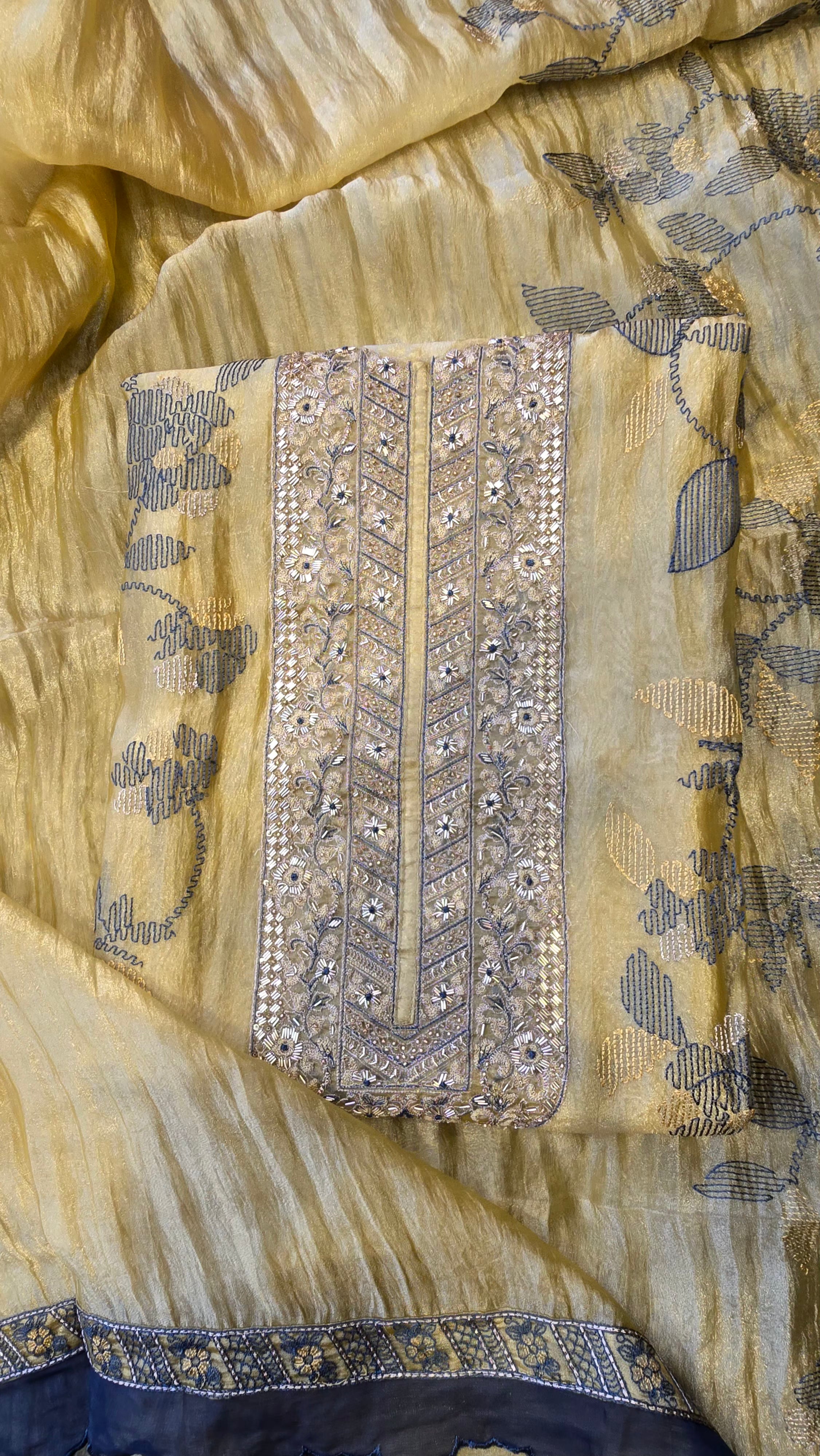 Lemmon yellow crushed tissue threadwork suit set