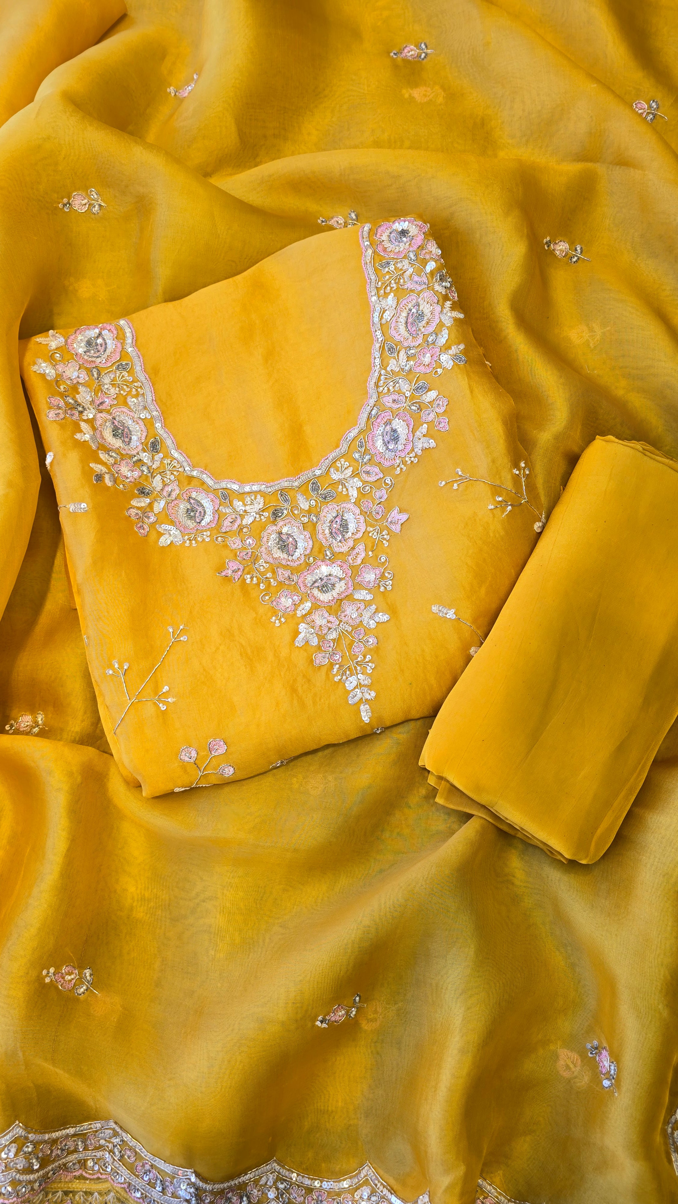 Yellow Pure Organza 3pc Suit Set