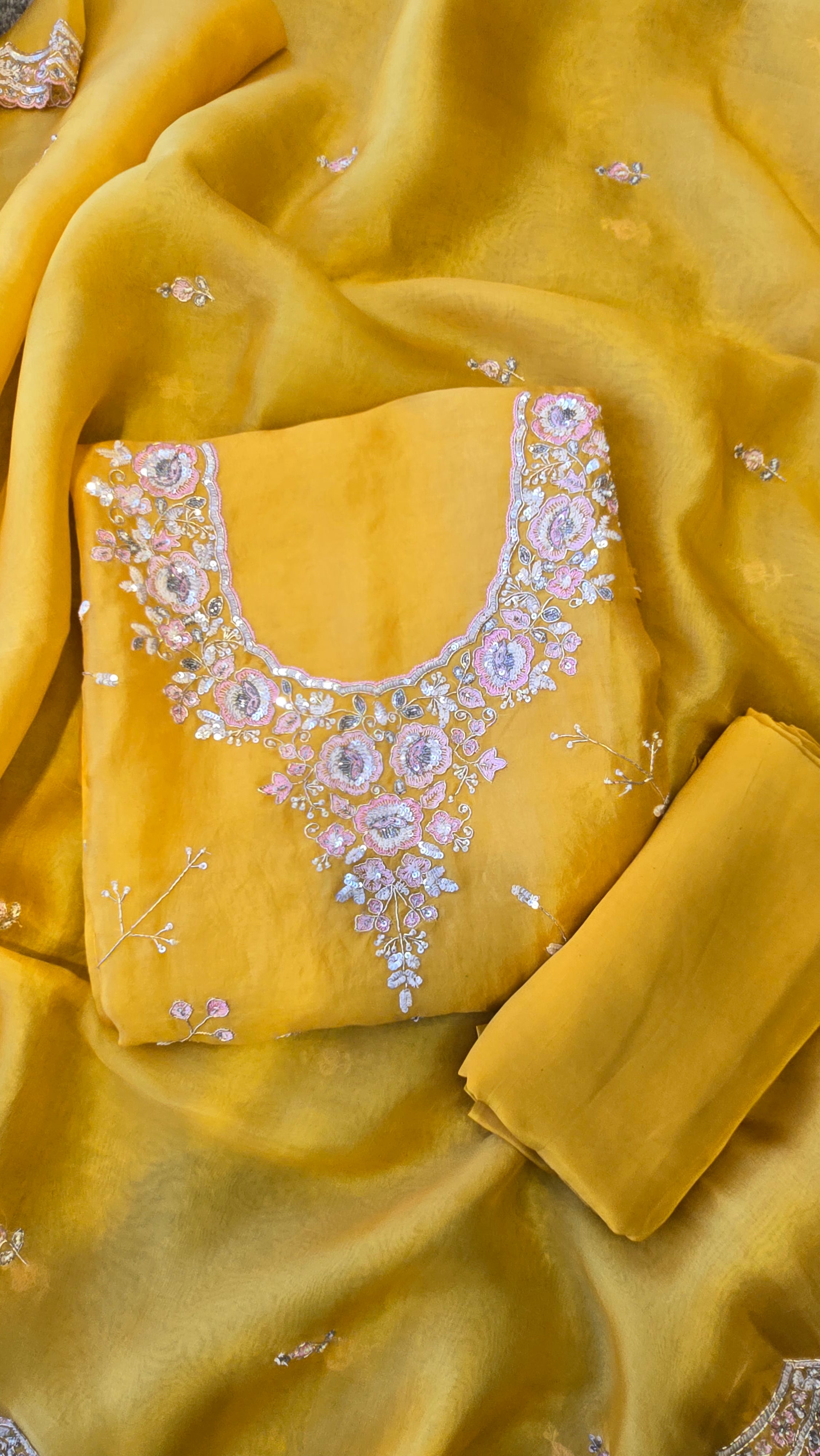 Yellow Pure Organza 3pc Suit Set