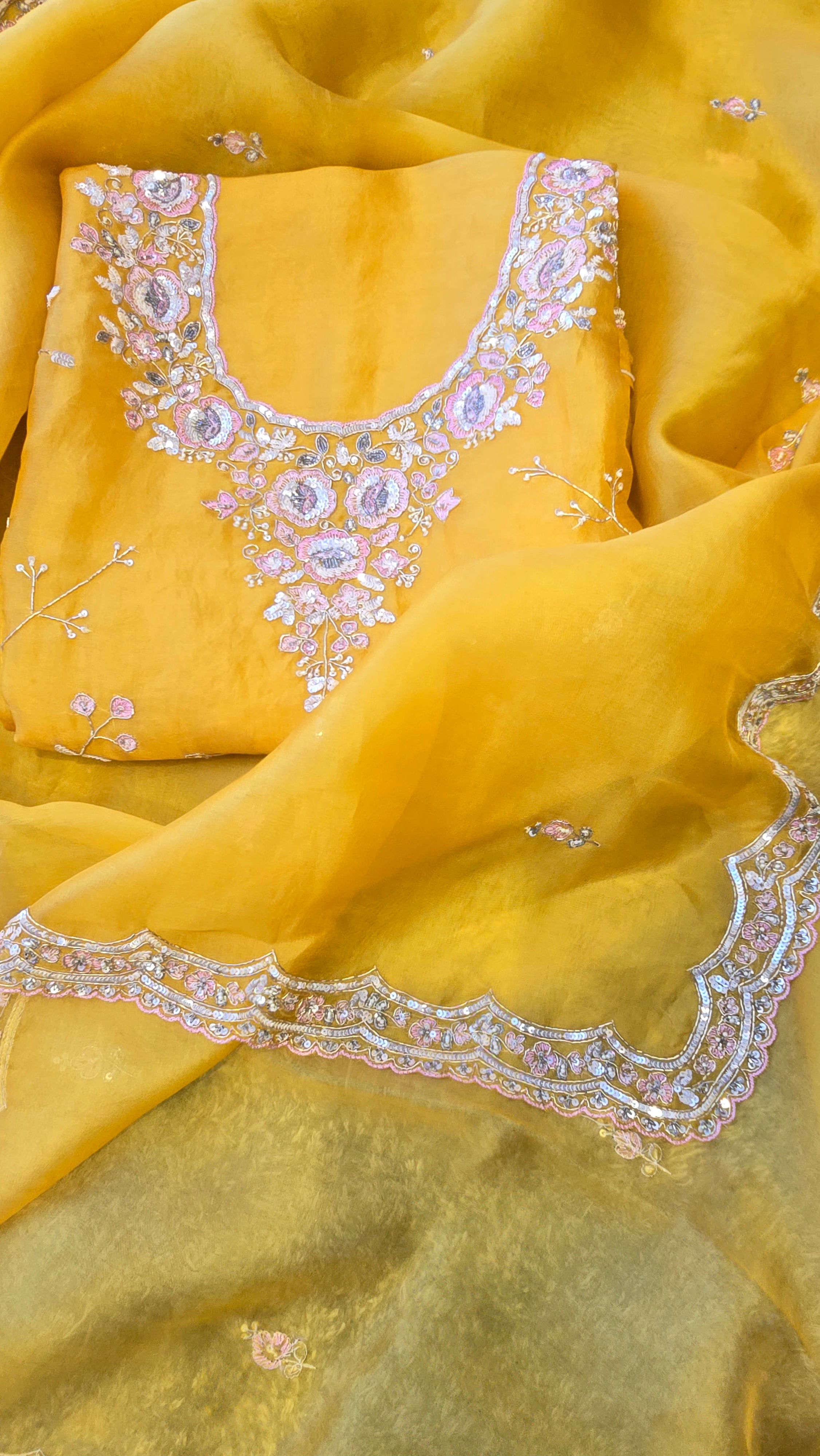 Yellow Pure Organza 3pc Suit Set