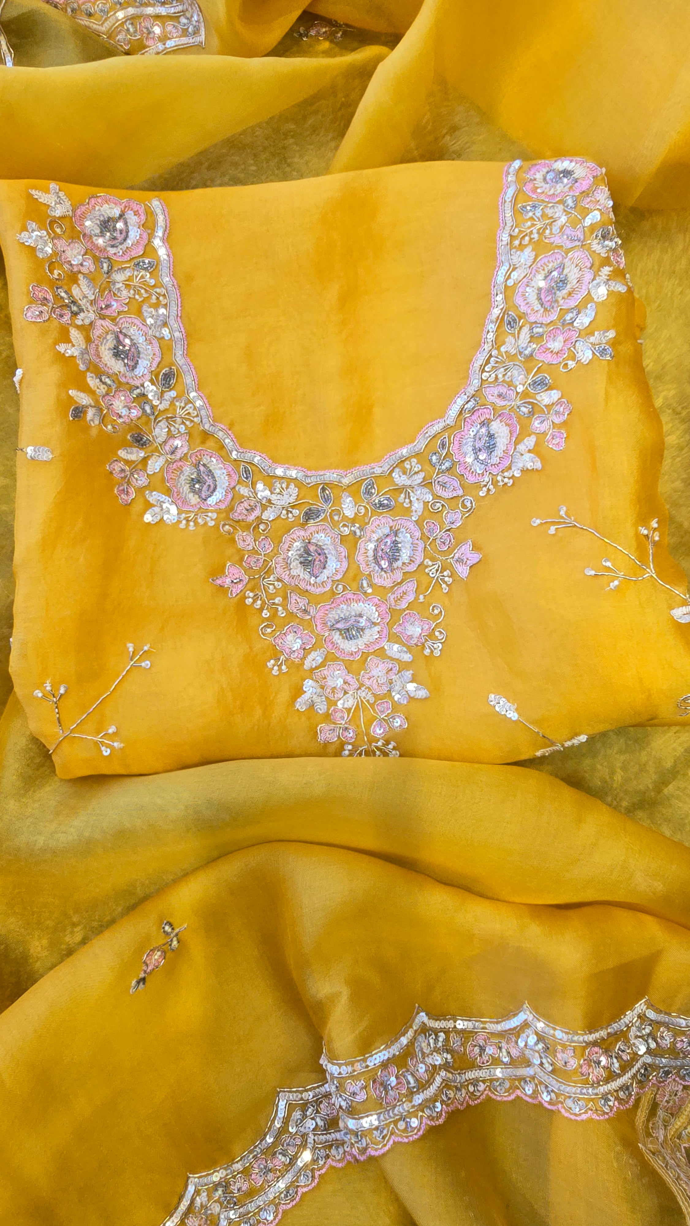 Yellow Pure Organza 3pc Suit Set