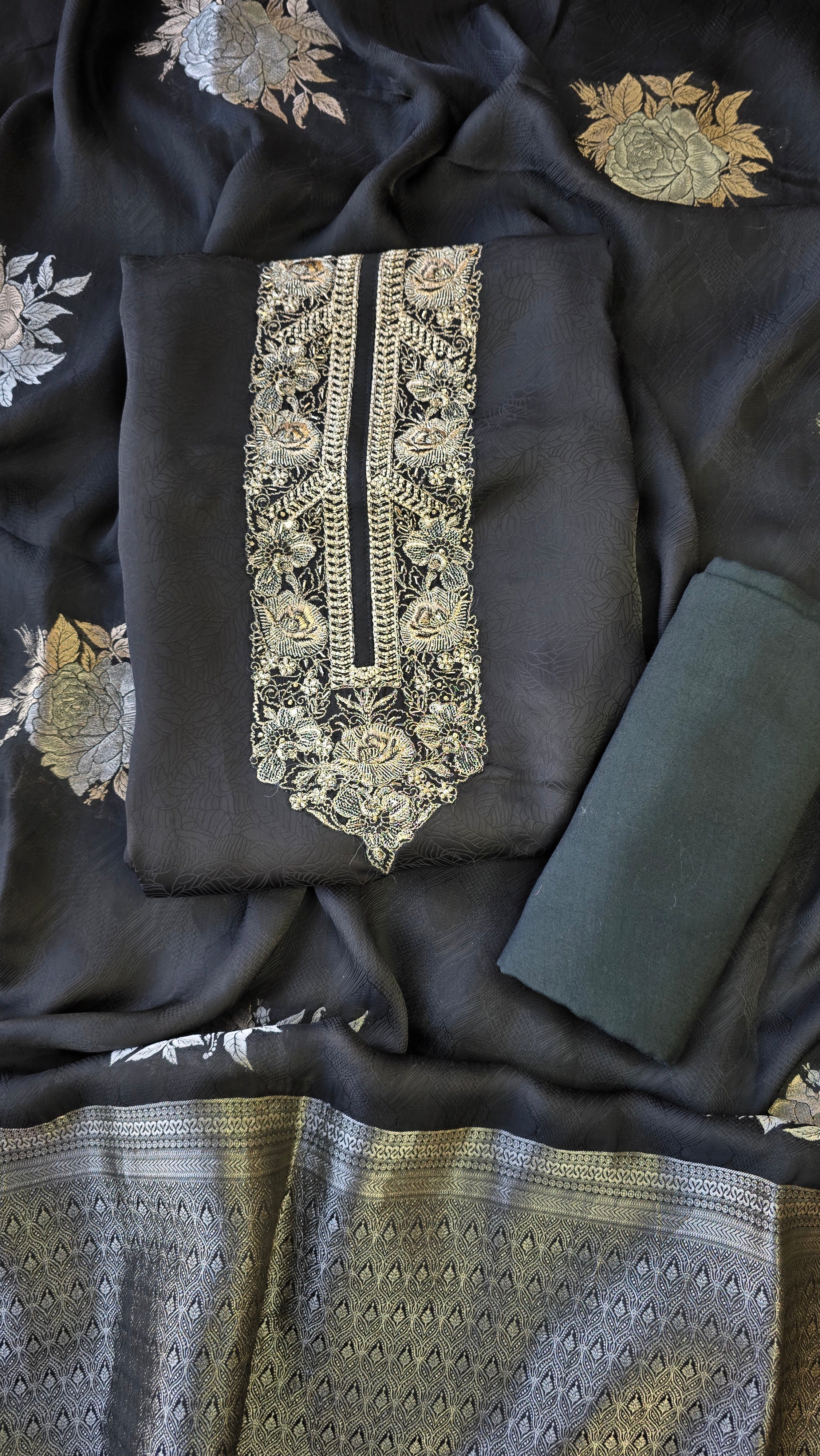 Night Black Jaquard silk 3pcs suit set