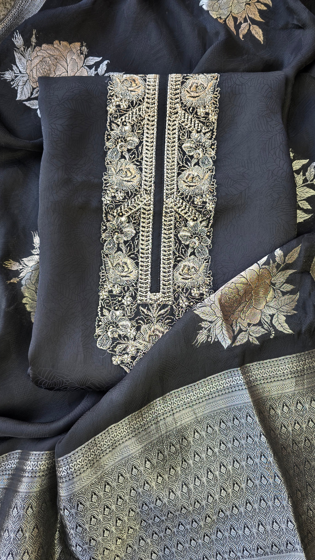 Night Black Jaquard silk 3pcs suit set