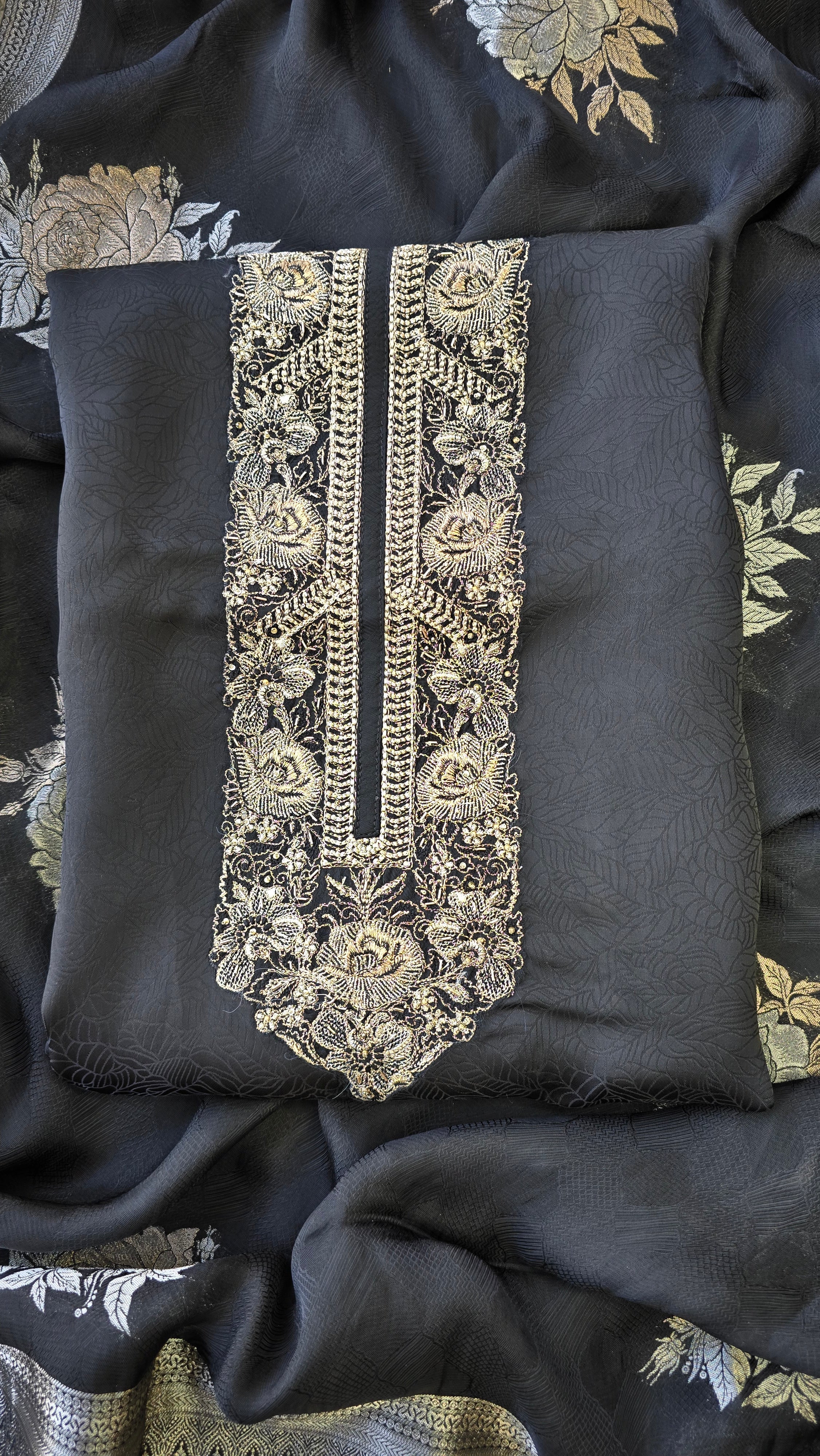 Night Black Jaquard silk 3pcs suit set