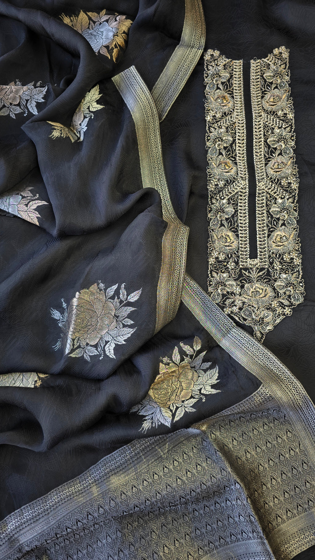 Night Black Jaquard silk 3pcs suit set