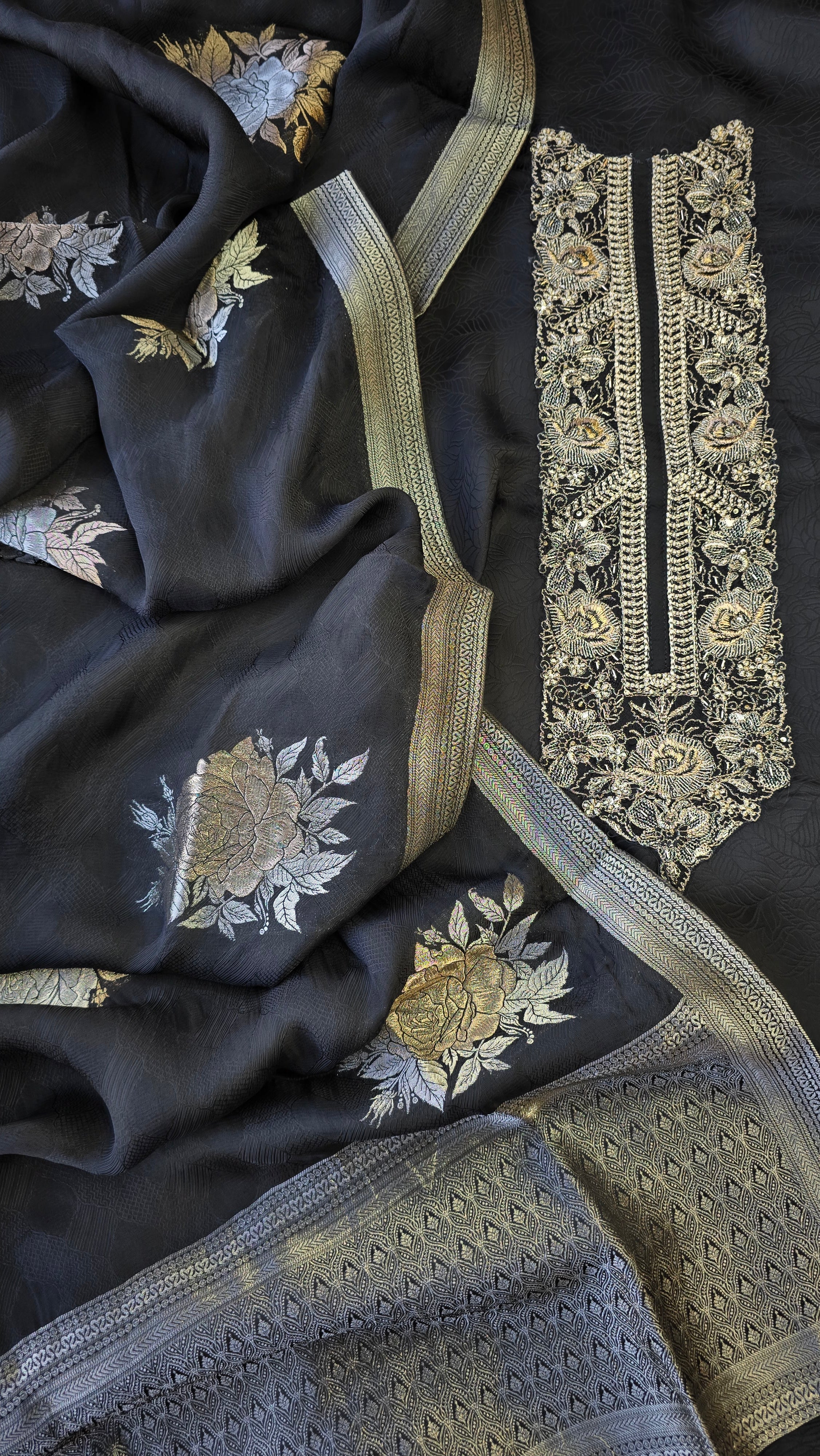 Night Black Jaquard silk 3pcs suit set